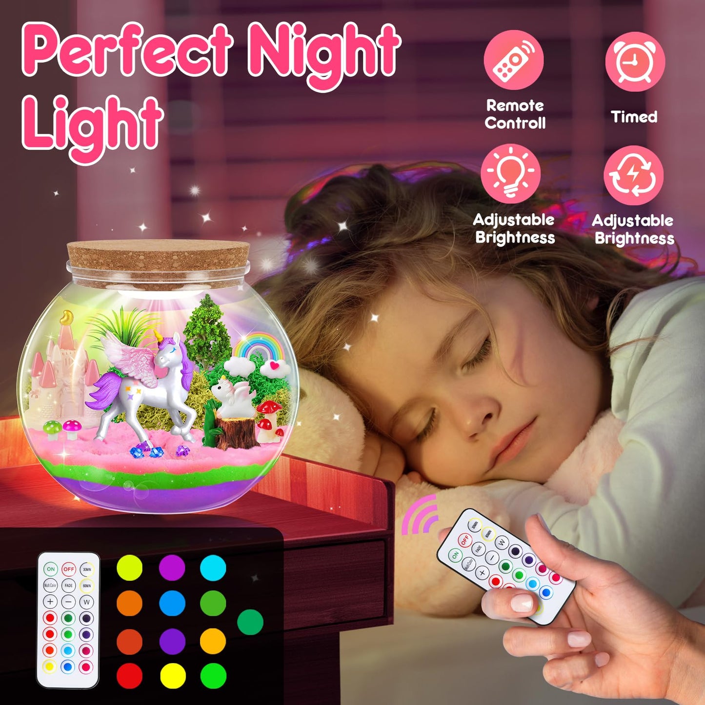 RONSTONE Light-Up Unicorn Terrarium Kit for Girls – DIY Arts & Crafts Gift with Remote-Control LED Light – Fun Unicorn Toys for Kids Ages 4 5 6 7 8 9 10 – Birthday for Girls