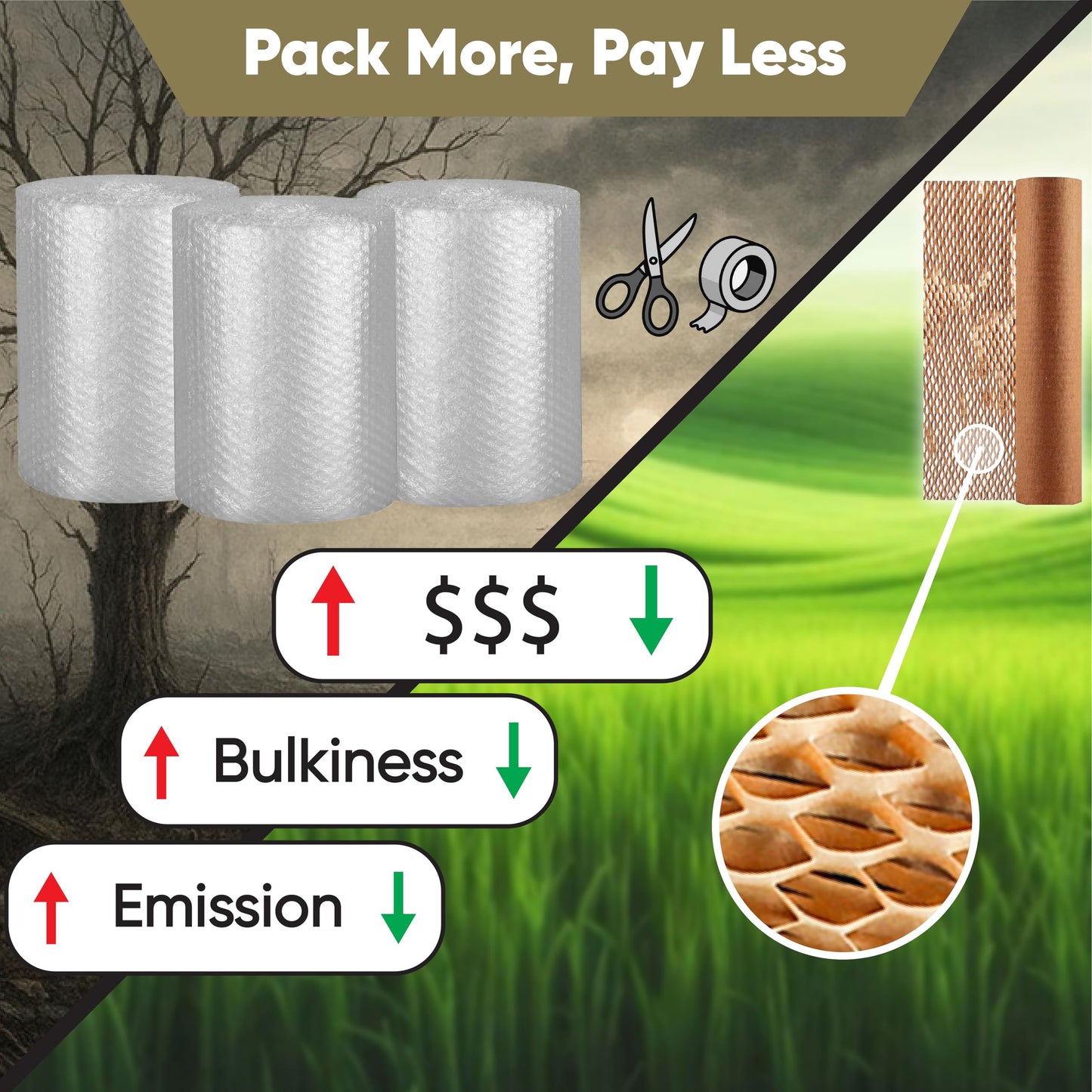 Honeycomb Packing Paper 12” x 400' | Bubble Paper Wrap Roll for Packing & Moving Supplies | Alternative to Bubble Plastic Wrap | Papier bulle pour déménagement | Plus Fragile Stickers & Rope