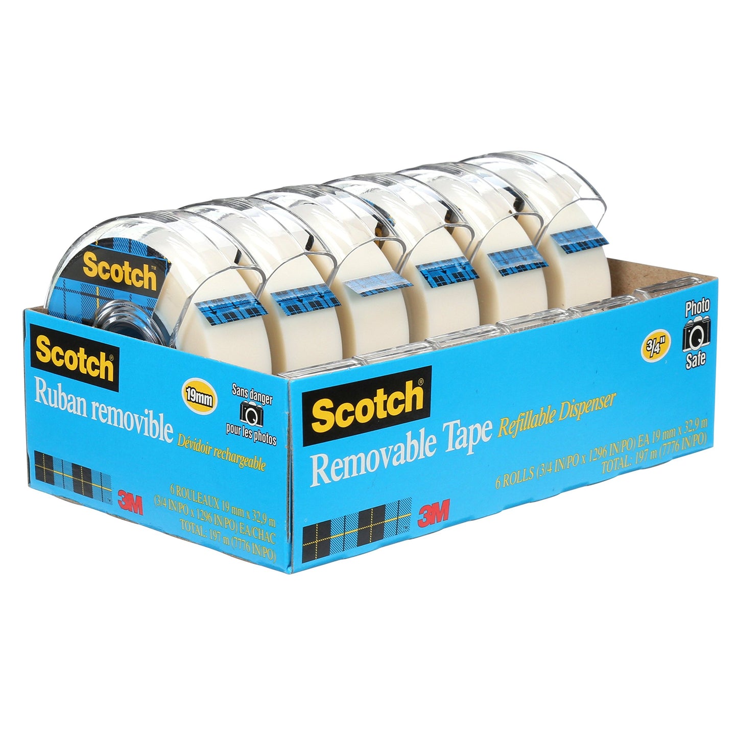 Scotch Tape Removeable Tape, 19mm Wide x 32.9m, 6 Rolls in Dispensers [OB]
