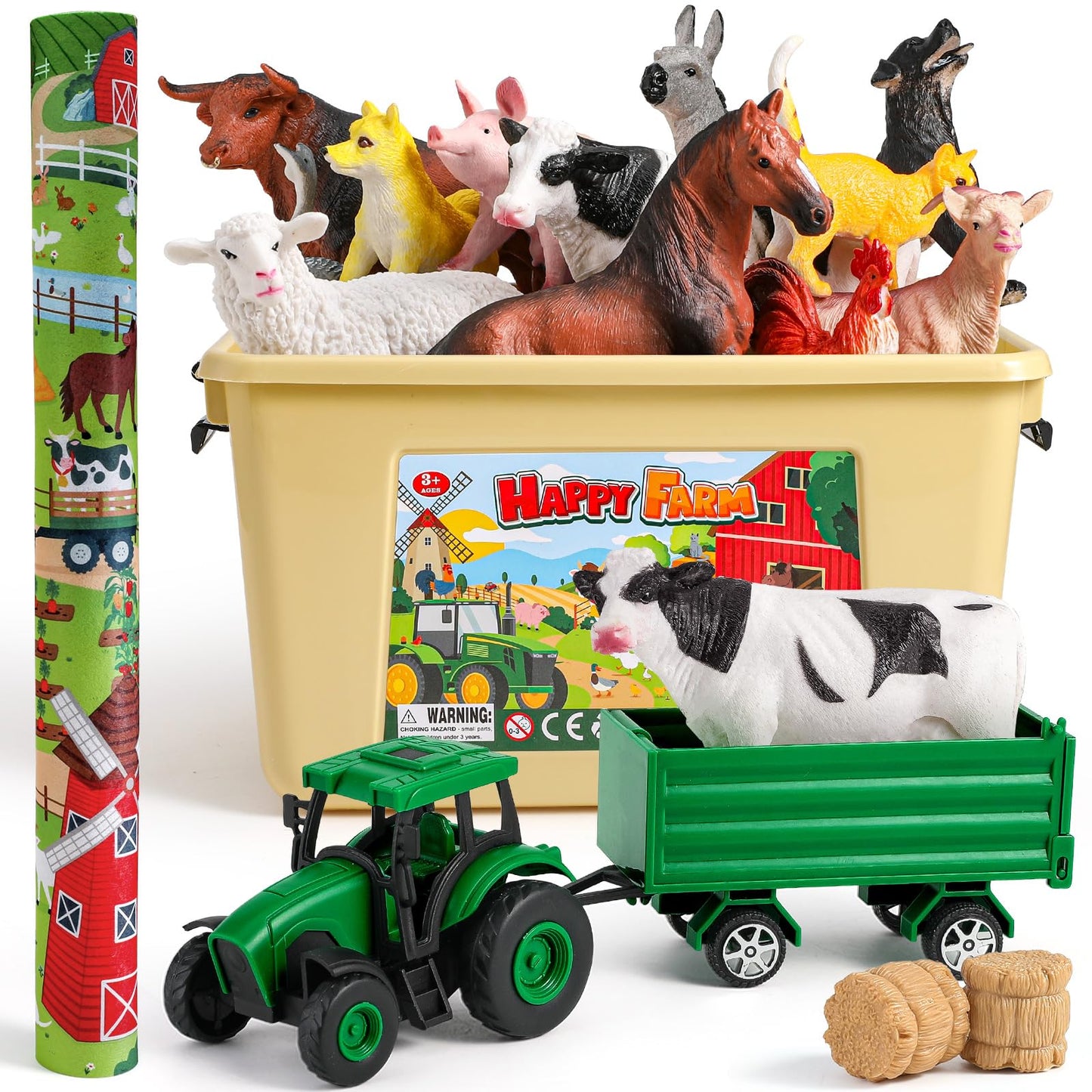 WAIIW Farm Animal Toys for Toddlers,38 PCS Realistic Animal Figurines Toys with 47.2”x31.4”Large Activity Play Mat and Tractor Toy,Farm Playset Educational Learning Toys for Toddlers Kids 3-5