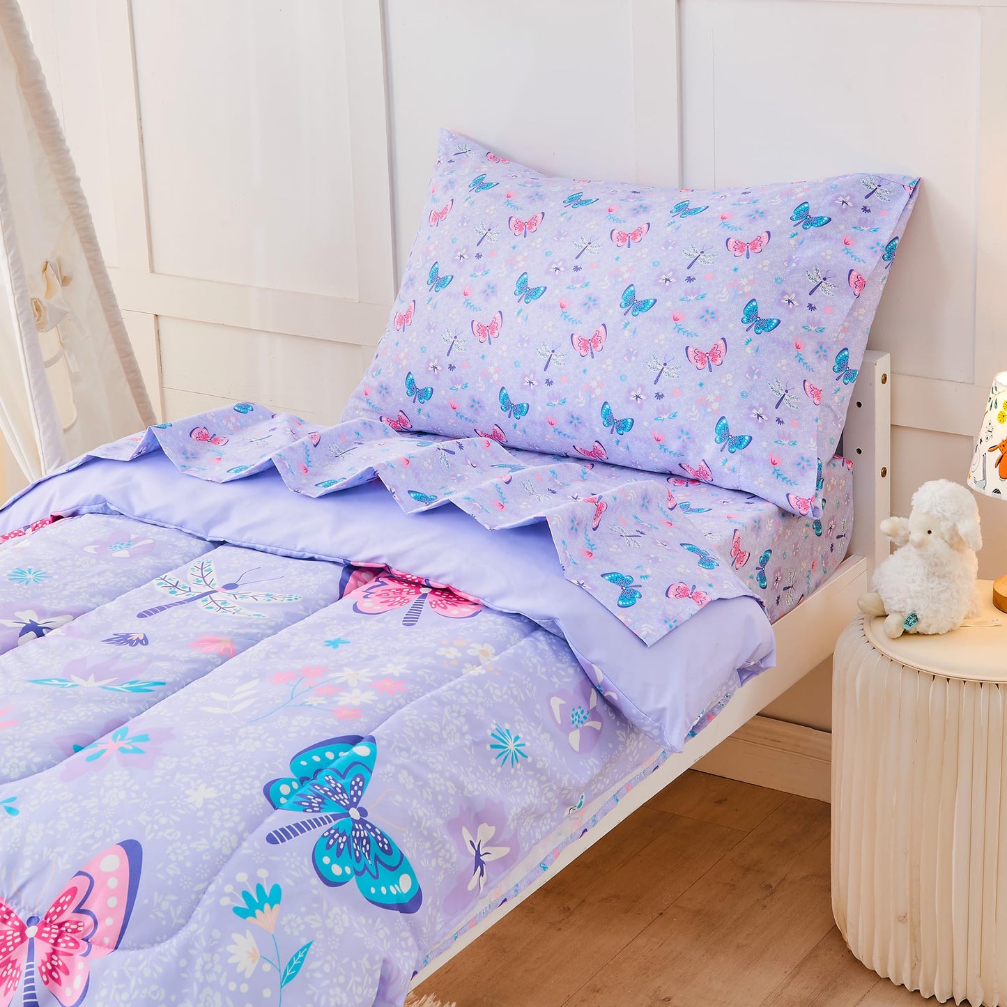 Lasoftan Butterfly Toddler Bedding Set for Girls, 4 Piece Bed-in-a-Bag Toddler Comforter Sets, Super Soft and Comfortable Microfiber Todeeler Bed Set