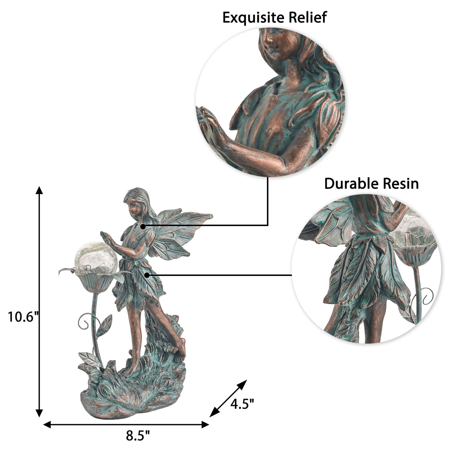 TERESA'S COLLECTIONS Garden Fairy, Large Bronze Garden Sculptures & Statues with Solar Outdoor Light, Yard Art Lawn Ornaments for Outdoor Decor, Ideal Housewarming Gifts for Mom Mother Day 10.6"