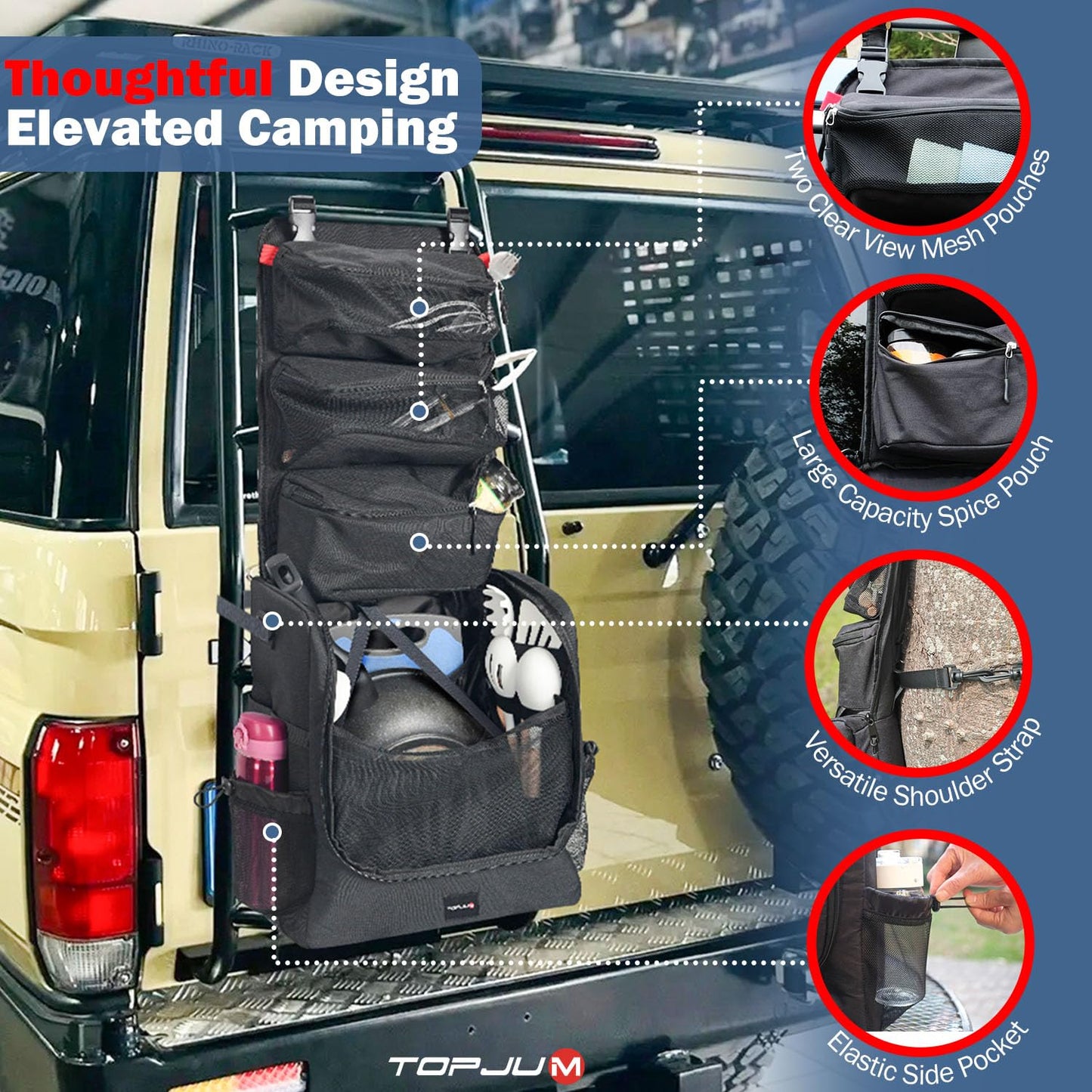 TOPJUM Camp Kitchen Organizer, Cooking Tools Storage Caddy Bag, Multi-Pockets, Paper Towel Holder, Portable Hanging Kitchen Caddy for Camping Utensils, Cookware & BBQ Essentials, Bag Only