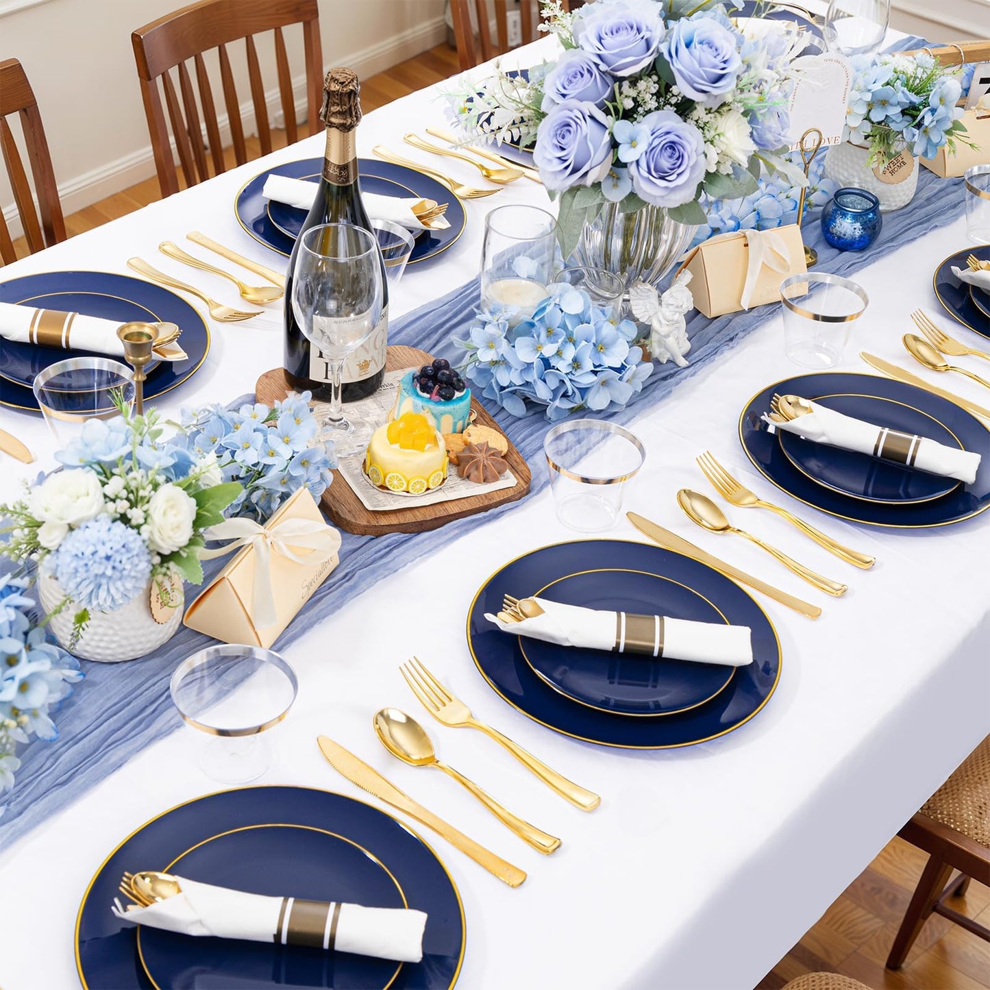 WDF 150Pcs Blue Plastic Plates - Blue and Gold Disposable Plates - 25guest Disposable Dinnerware Include 25 Dinner Plate, 25 Dessert Plate, 75 Cutlery & 25 9oz Cups for Wedding & Parties
