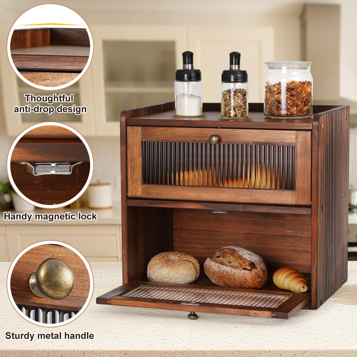 Ciilee Baby Bread Box for Kitchen Counter Large Capacity Bread Storage Container Wooden Breadbox Bin 2 Layer Bread Keeper Farmhouse Food Holder with Acrylic Door Easy to Assemble Boite a Pain(Brown)