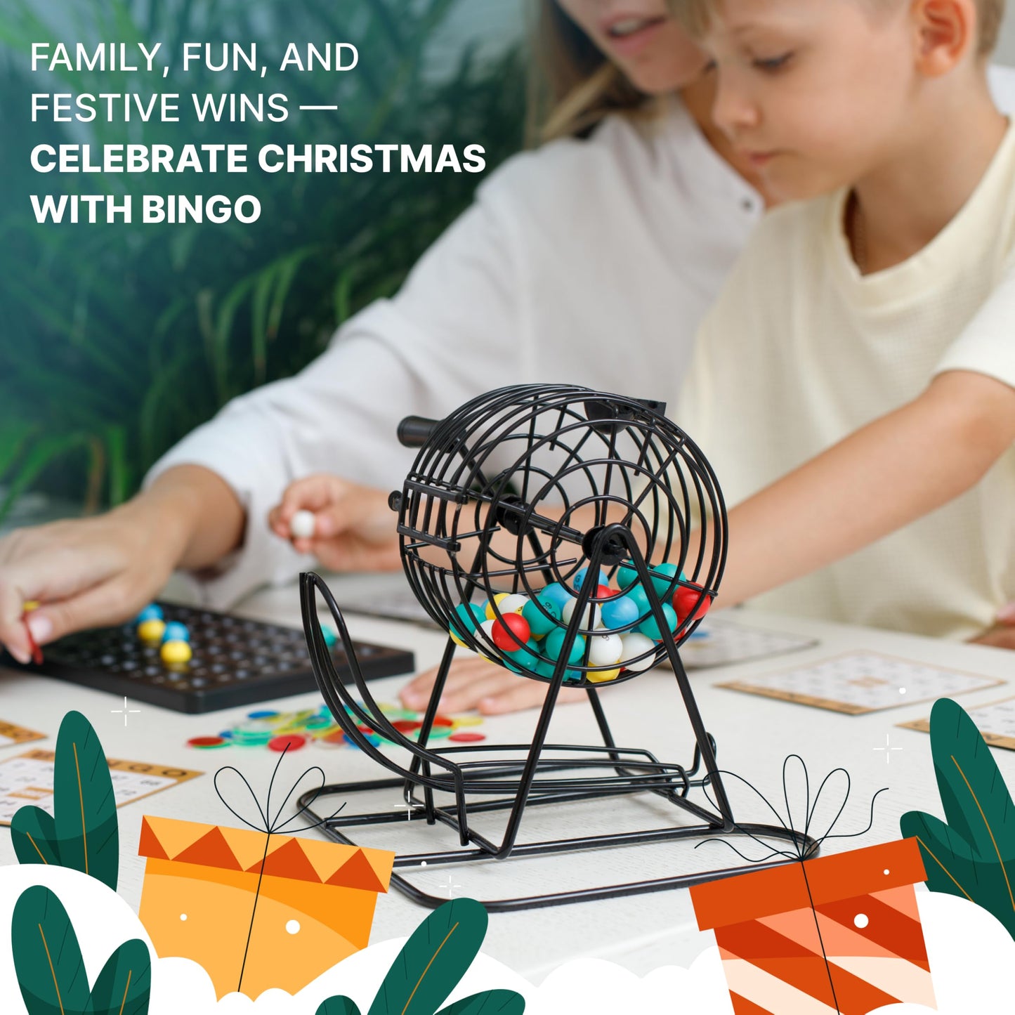 Queensell Bingo Game for Adults - Best Board Game With Metal Cage, Balls Set, and Cards - Family Game for Large Groups