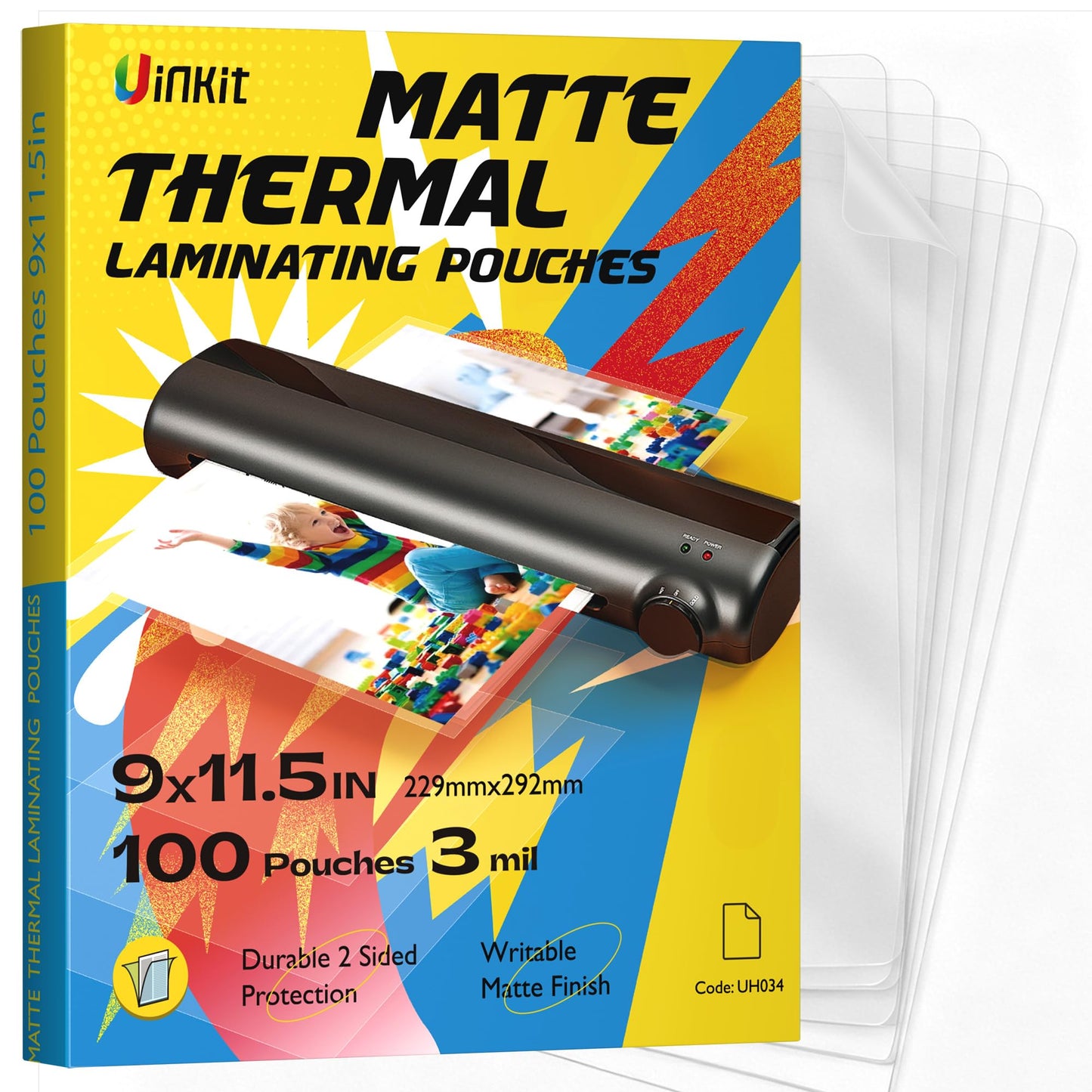 Uinkit Matte Laminating Sheets, 9 x 11.5 Inches 3 Mil Thick Matte Finish 100 Pack Fitted for Letter Size Thermal Laminating Pouches 8.5 x 11