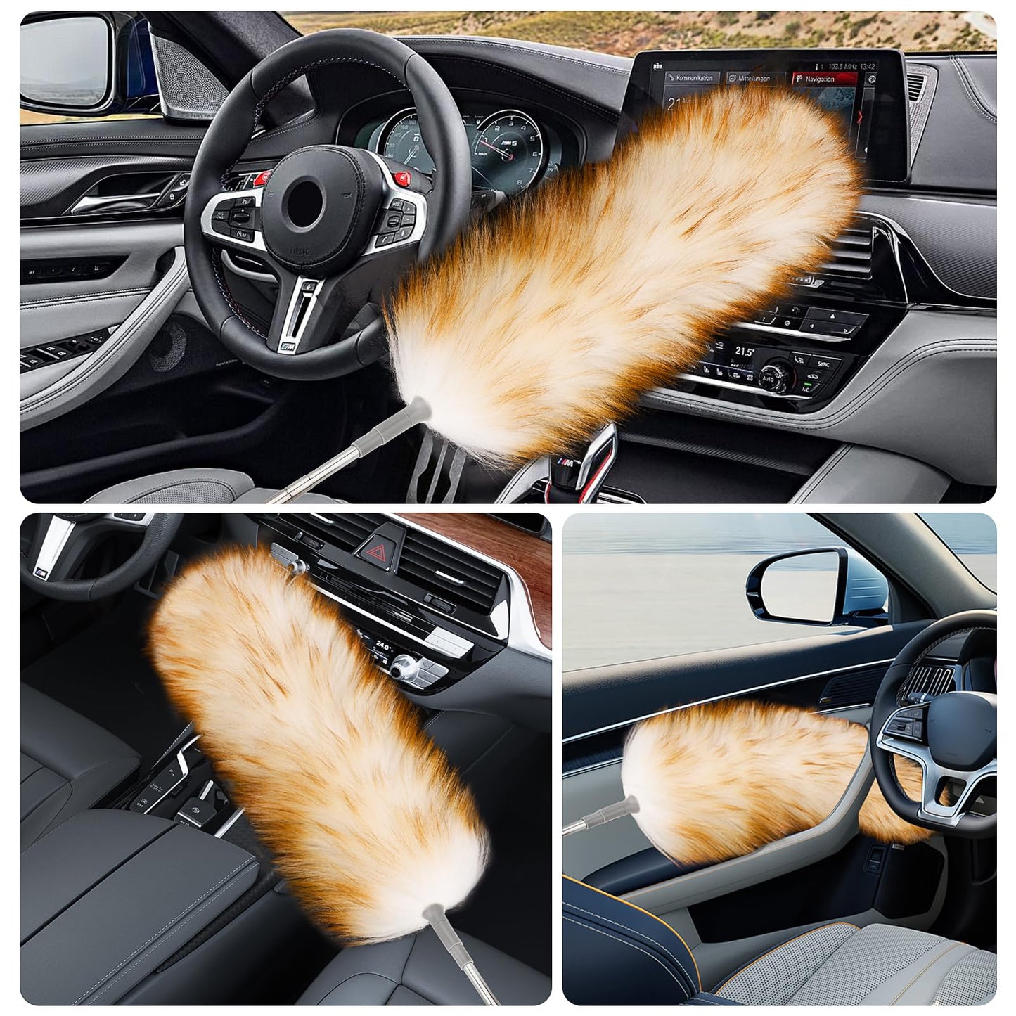 Lambswool Duster with Extension Pole up to 88.58” - Natural Feather Dusters Long Handle Stainless Steel, Fluffy Feather Duster for Cleaning High Ceiling Fans, Window Blinds Shelves, Furniture, Car