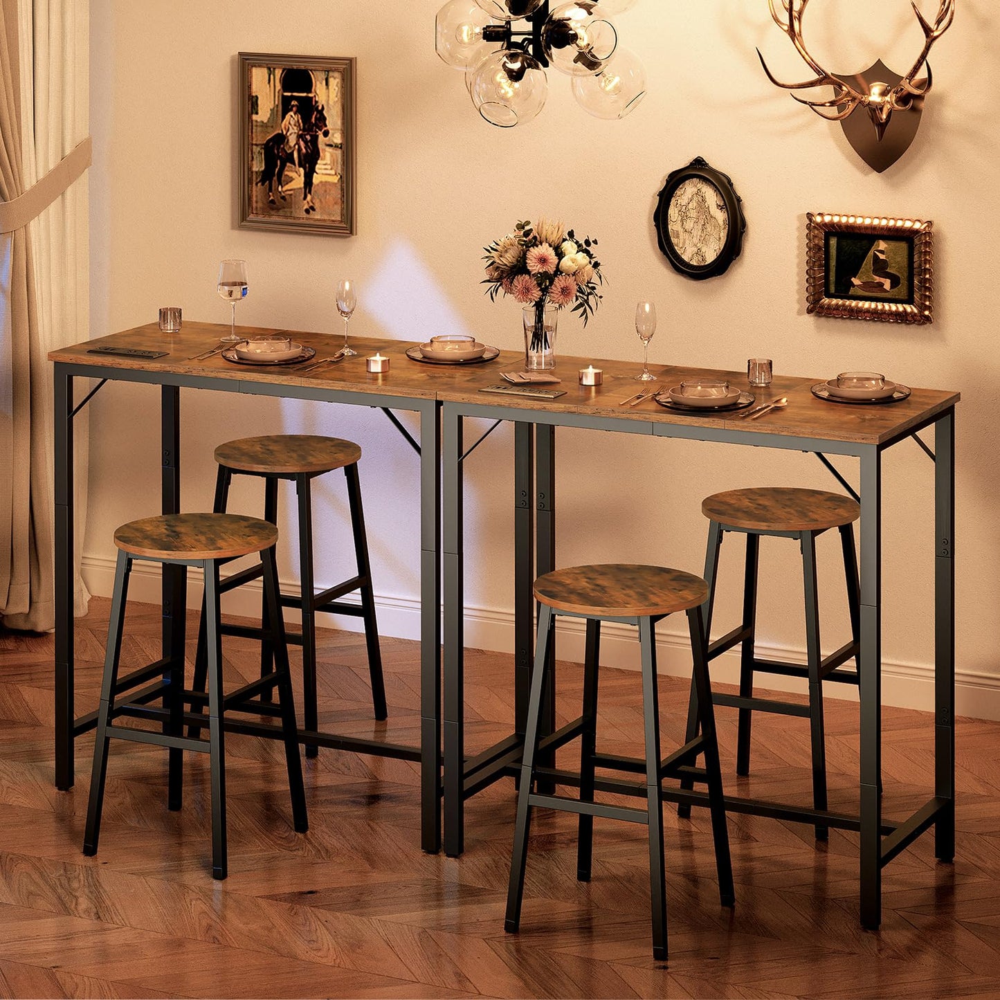 HOOBRO Bar Table with Charging Station, Rectangular Pub Table, High Top Coffee Table, Counter Bar Height Table, Narrow Long Dining Table, 35.4" L x 15.7" W x 35.6" H, Rustic Brown and Black BF90UBT01