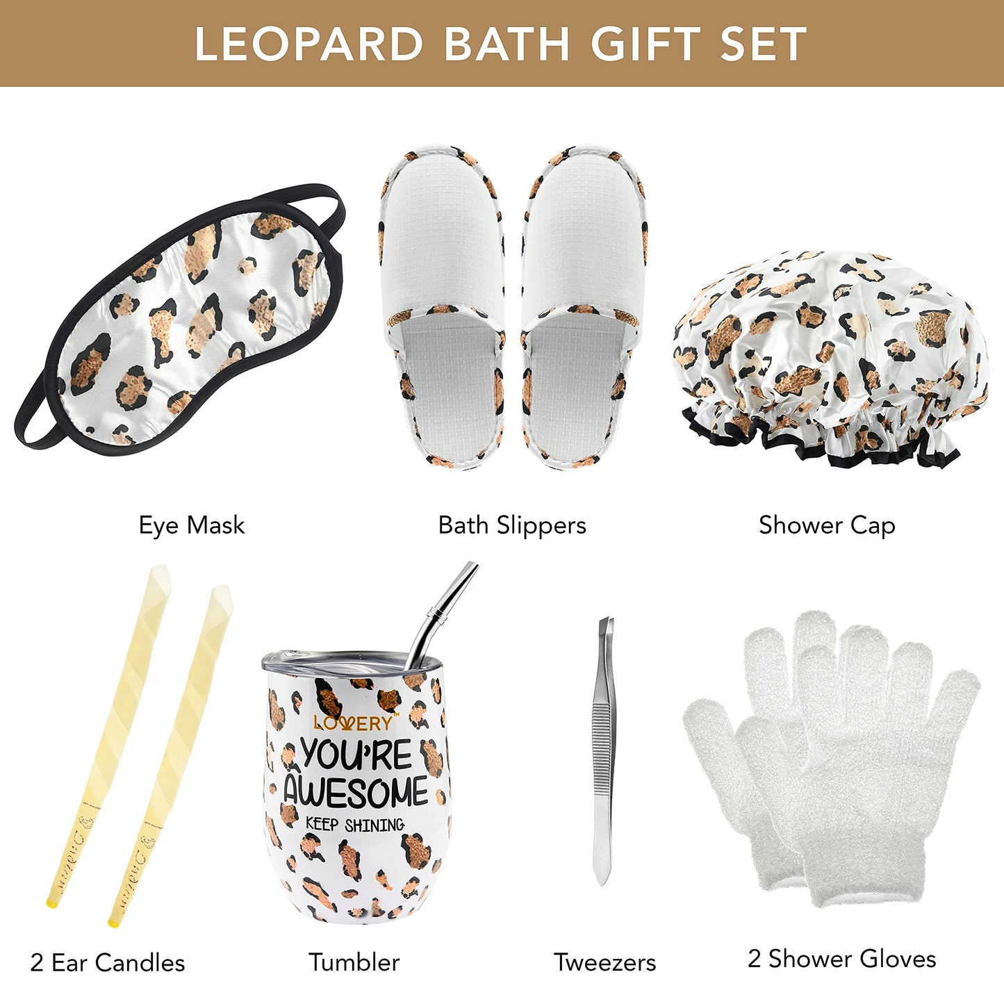 Home Spa Kit in Almond Scent - Bath Gift Basket with Vit E-Rich Bath Essentials - Tumbler, Ear Candles, Bath Oil, Salts, Shower Steamer, Organic Lip Balm & More in a Leopard Basket, 21Pcs