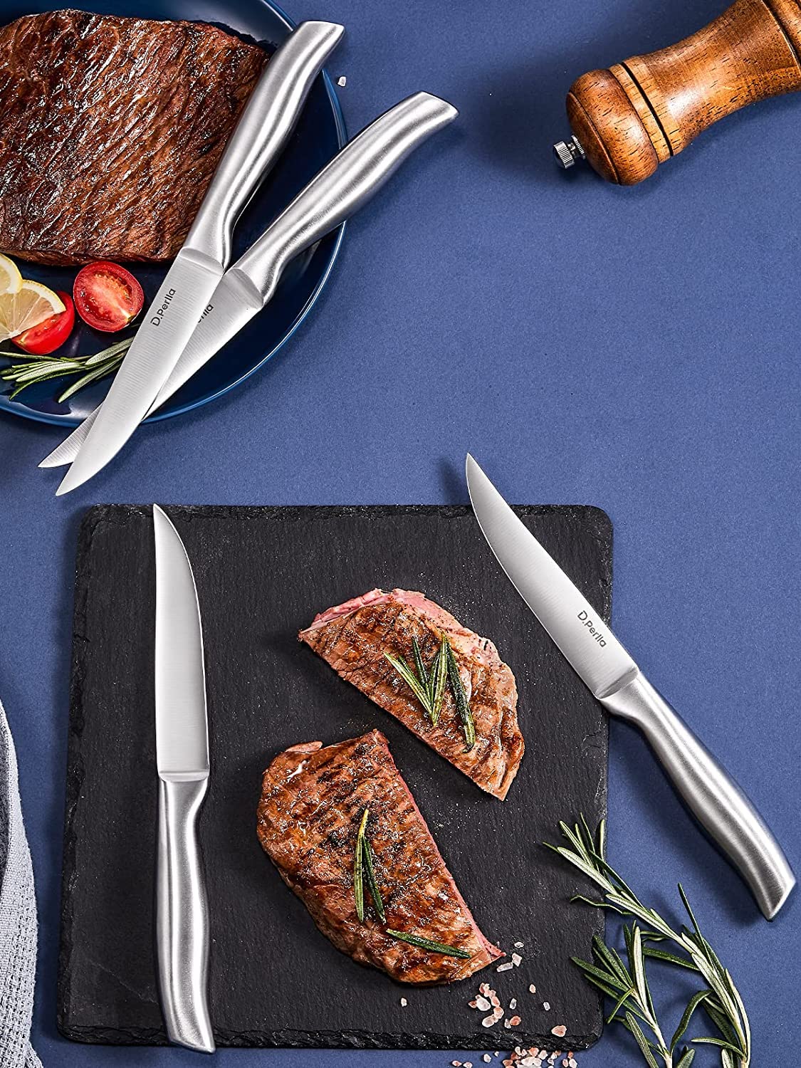 D.Perlla Steak Knife Set, Straight Edge Steak Knife Set of 8, High Carbon Stainless Steel Steak Knives Never Need Sharpening, One Piece Design & Hollow Handle, Professional Cutlery Set