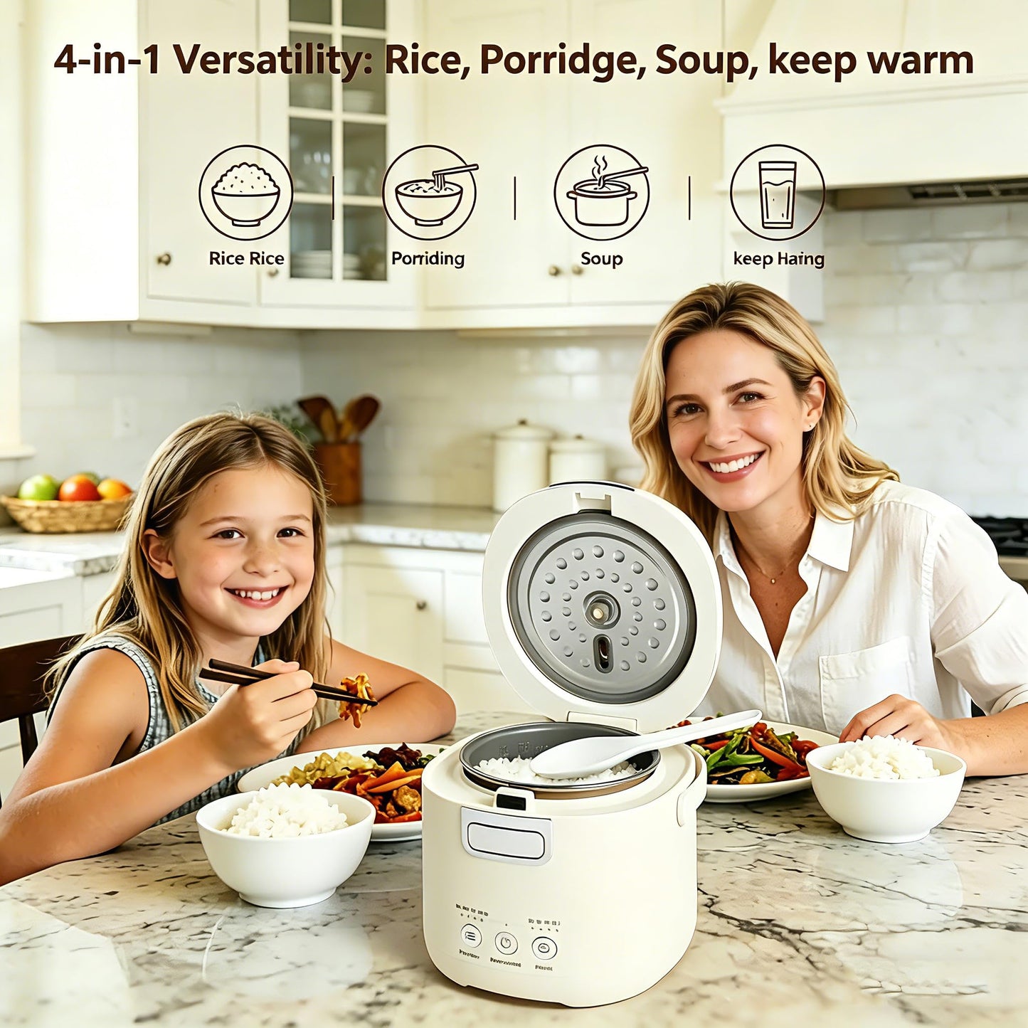 Rice Cooker Small – Mini Rice Cooker 2 Cups Uncooked – 1.2 Quarts Portable Rice Maker with Non-Stick Coating, BPA Free, 12-Hour Timer Delay & Auto Keep Warm & One-Touch for Dorm Office Travel 1-2 Person (Beige)