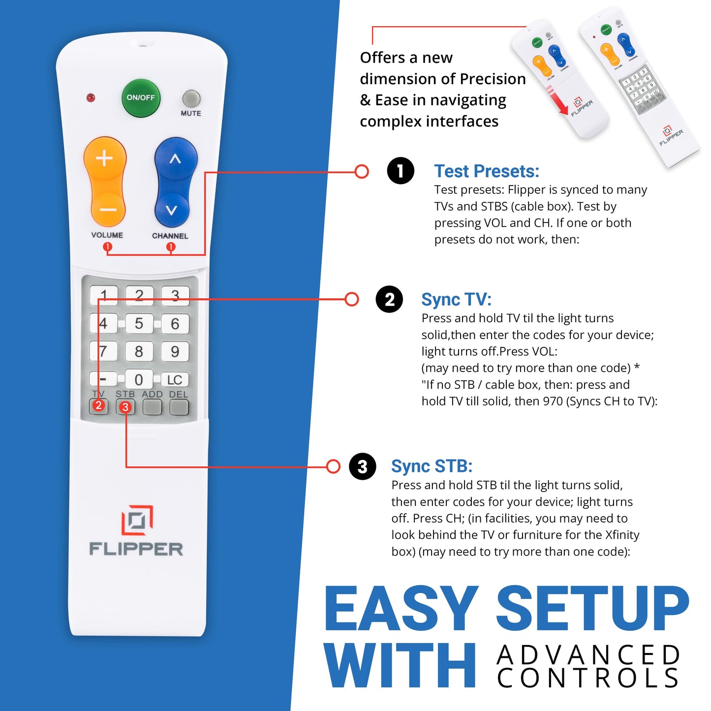 Flipper Big Button Universal TV Remote for Seniors, Elders - Easy Setup & Programmable Favorites Management, IR Devices - Infarred for TV, Cable Set Top Boxes (STBs) [Does Not Work Streaming] (2024)