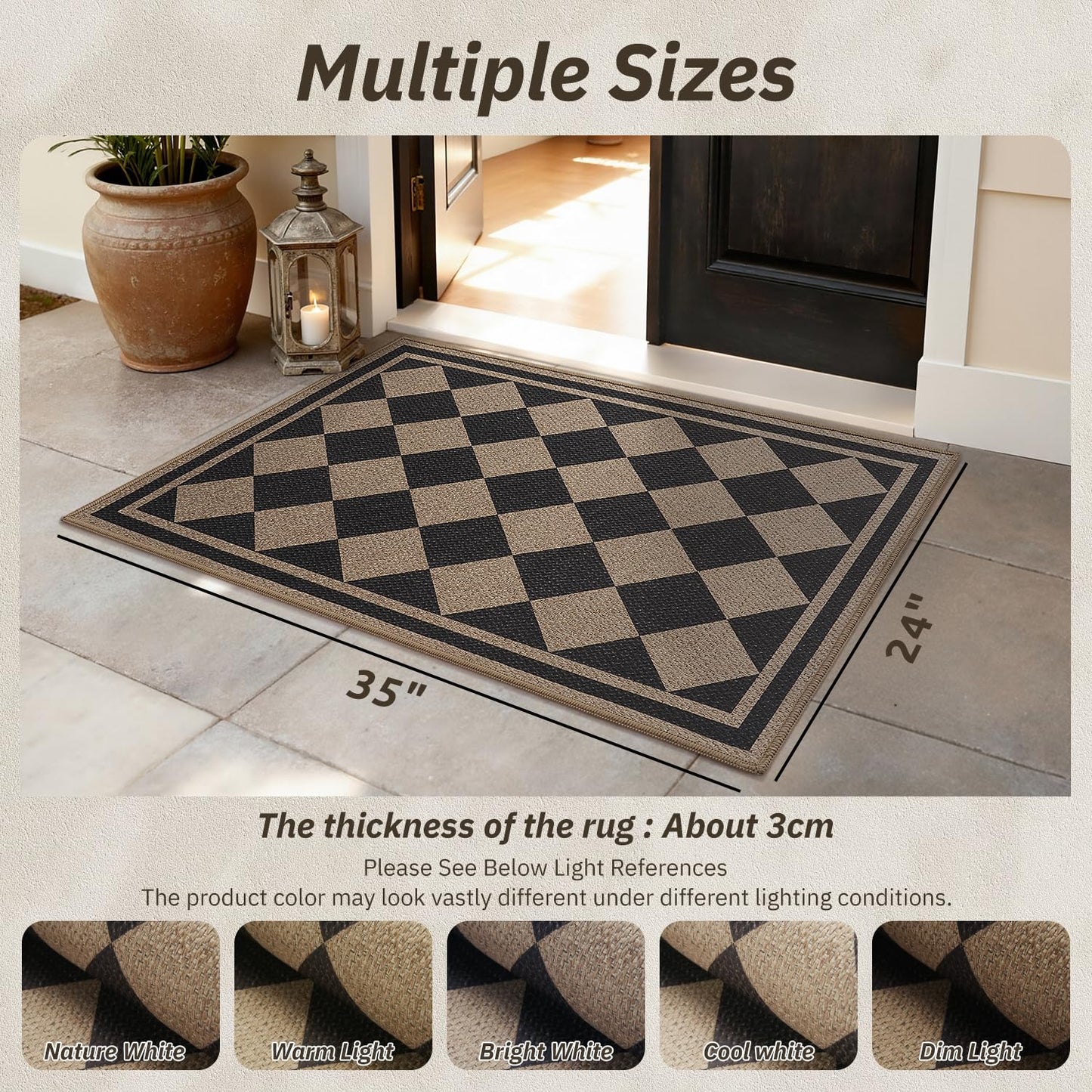 Front Door Mat Indoor Outdoor Mat for Entrance Mat Easy-Jute Entryway Mat-Mud Trapper Absorbent Low-Profile Fall Door Mats Entry Rug Checkered Black 60x90cm