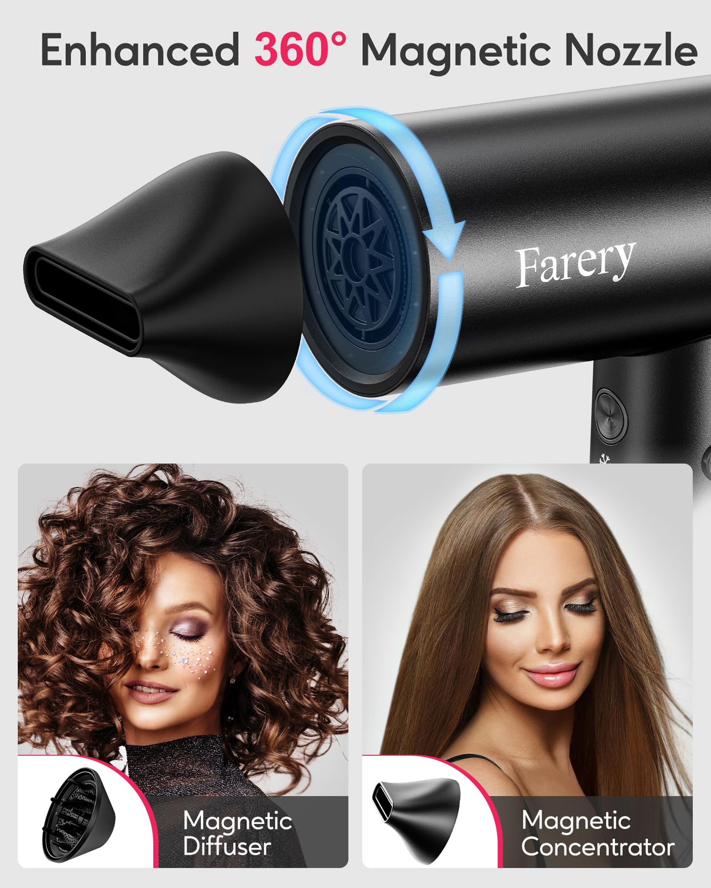 Farery H8 Ionic Hair Dryer with Diffuser – 110,000 RPM for Ultra-Fast Drying, 1400W Powerful Heat, Negative Ion Technology for Frizz Controll, 4 Heat & 4 Speed Settings, Magnetic Nozzle, HD Display