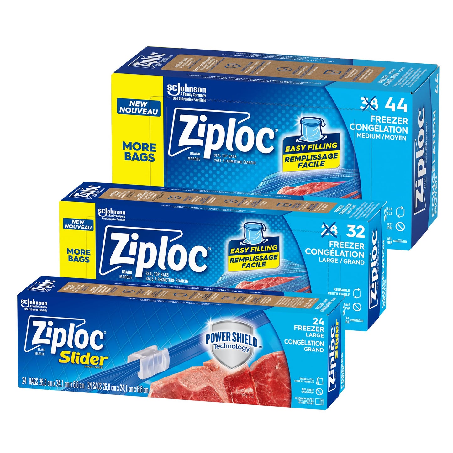 Ziploc® Medium and Large Freezer Bags, Prevents Freezer Burn, Microwave & Freezer Safe, New Stay-Open Design, Stand-Up Bottom, BPA Free, Value Pack 3pk