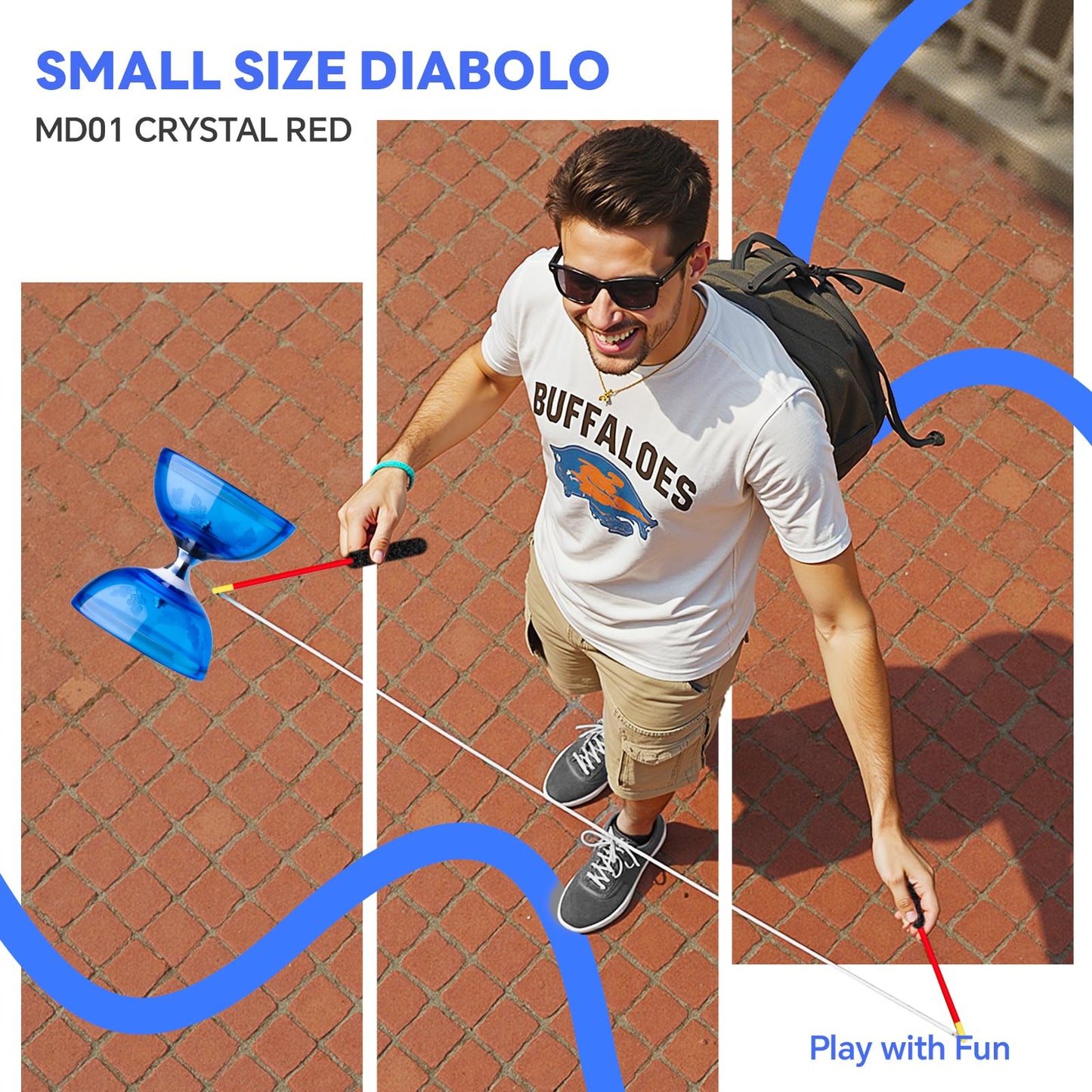 MAGICYOYO Pro Triple Bearing Diabolo Small Size 4” Chinese Yoyo Toy with 2 Pairs Carbon Sticks+ 2 Extra Strings +1 Net Bag, High Performance Chinese Yoyo Diabolo Skill Toy (Blue)
