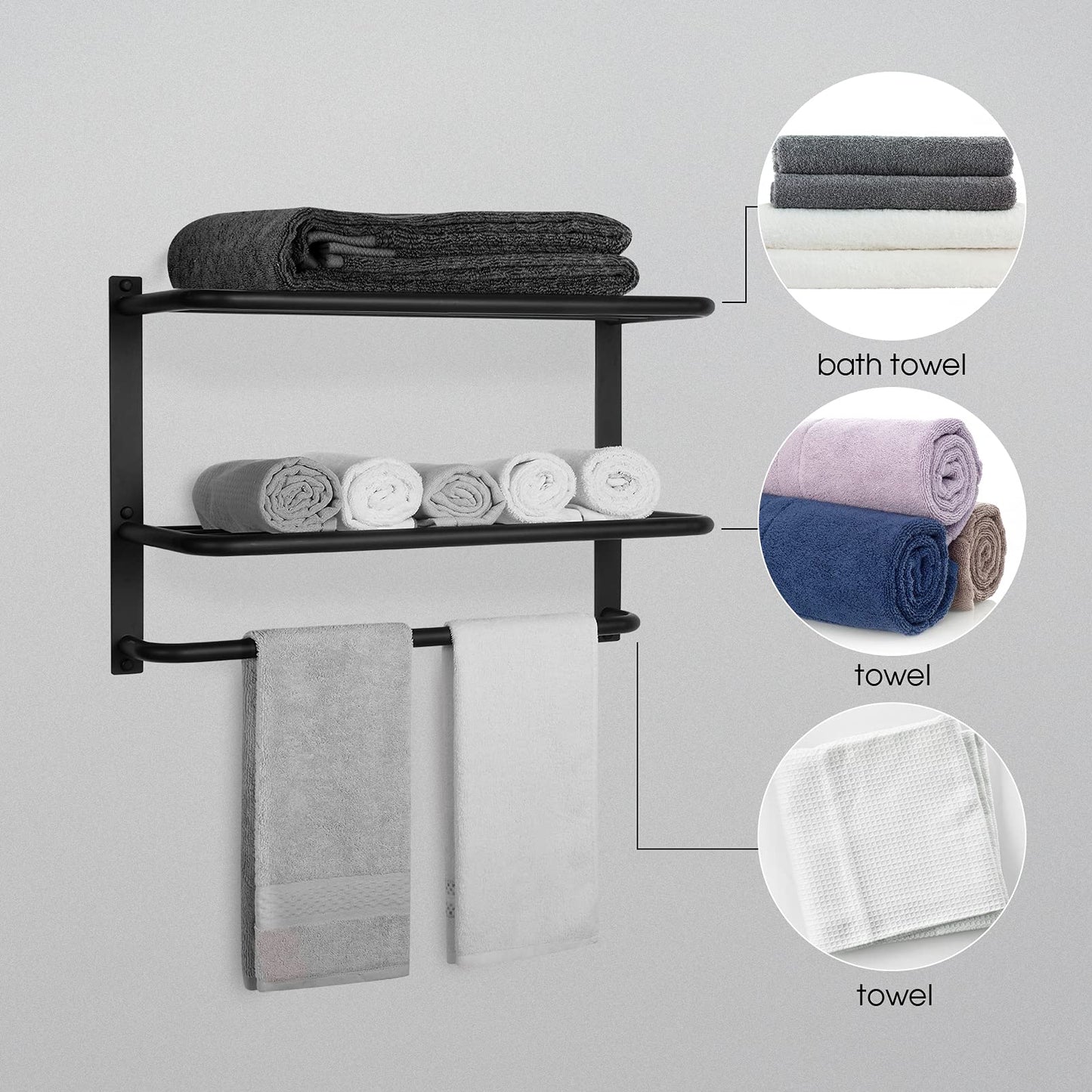 DELAM 3-Tier Bathroom Towel Rack Towel Shelf with Towel Bar, SUS 304 Stainless Steel Wall Mount Towel Holder Matte Black Finish 22.8 Inch