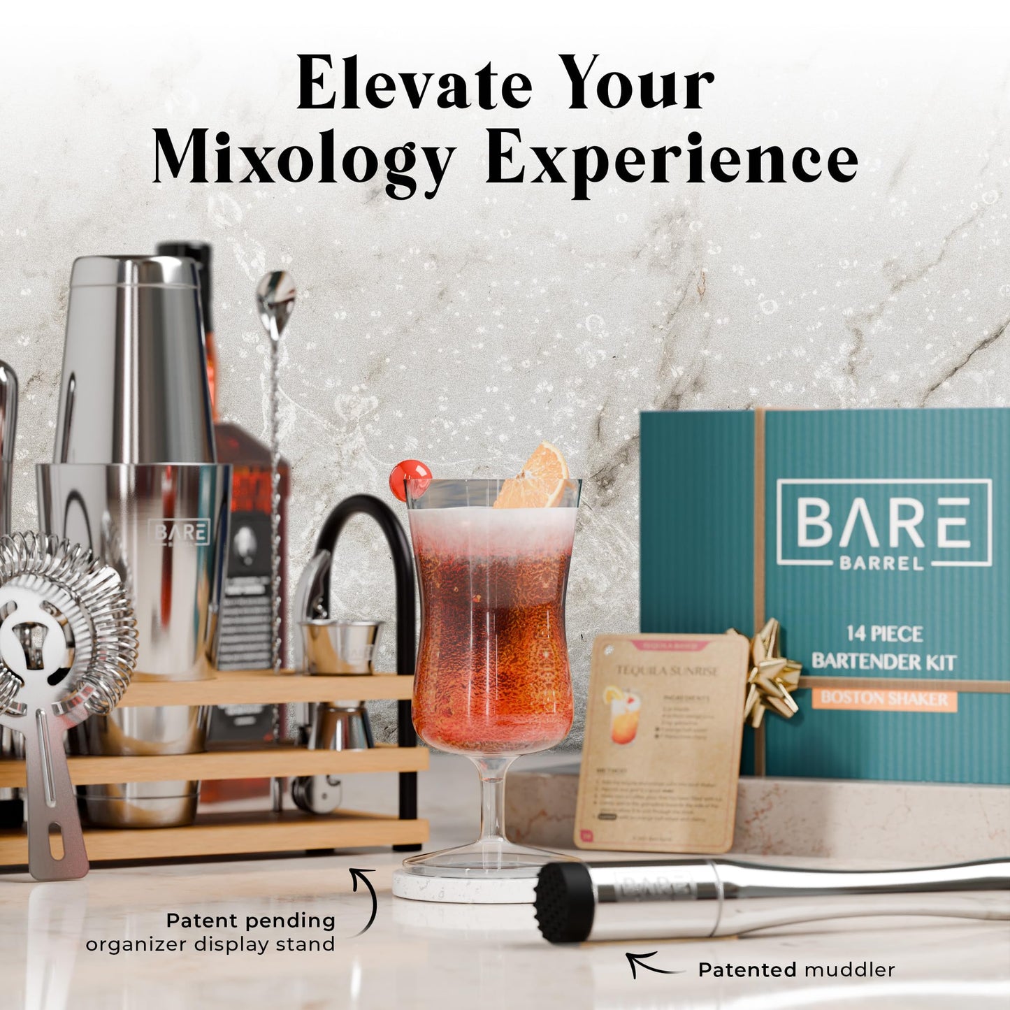 Pro Cocktail Kit | Mixology Bartender Kit | 14-Piece Cocktail Shaker Set | Martini Home Bartending Bar Accessories | Incl. 35 Recipe Cards | Gift Set (800ml/28oz Boston Shaker, Silver/Natural)