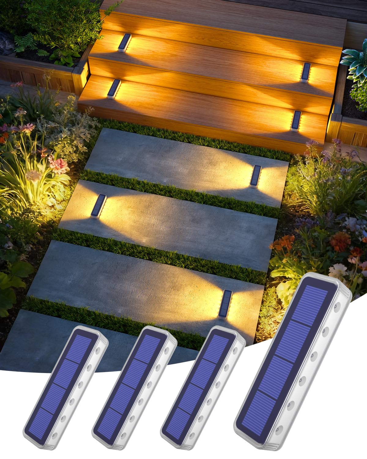 DetarZinLED Solar Step Lights Outdoor 4 Pack, 12 LEDs 2-Sided Illumination Solar Stair Lights Outdoor IP68 Waterproof,Auto On/Off Deck Lights Solar Powered for Patio,Yard,Path,Walkway (Warm White)
