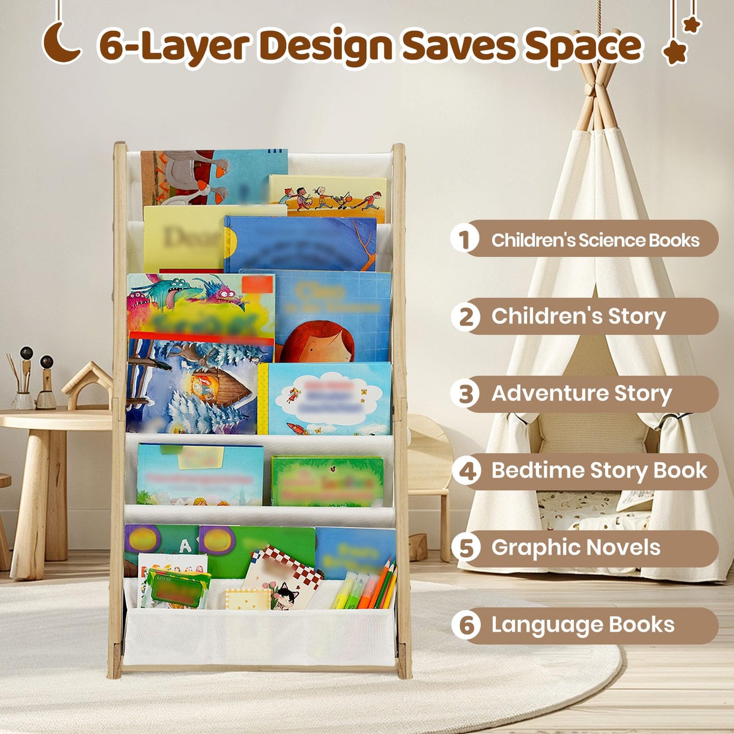 COSYLAND Fabric Book Shelf for Kids Rooms - 6 Tiers Nursery Book Shelves for Playroom Classroom - Bookcase Display Shelf for Toddler (Natural, 45 Cm Wide)