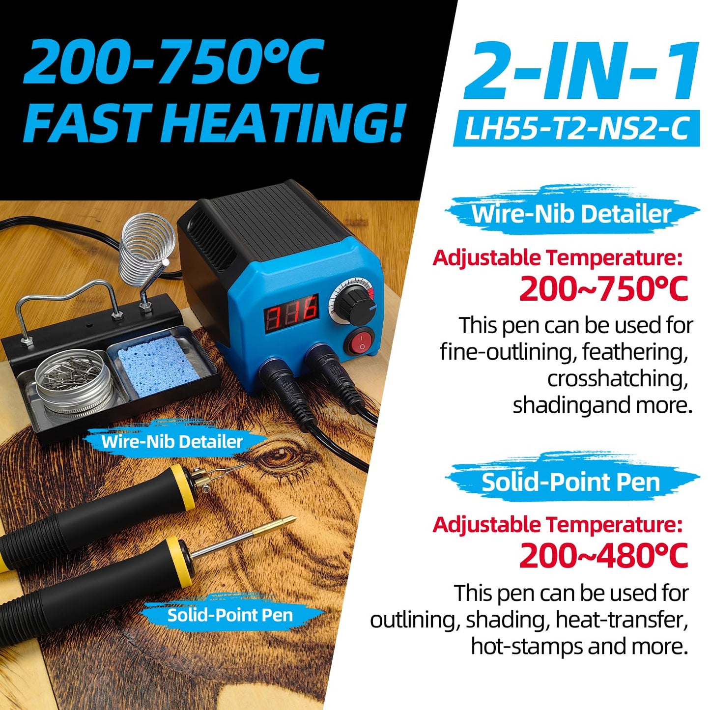FIRElood LH55-T2-NS2-C Wood Burner kit Wood Burning Tool Pen 200~750℃, Wood Burning kit with Digital Thermometer Temperature Adjustable Temperature, 2 pyrographic Wood Burning pens, 36 Pen Tips