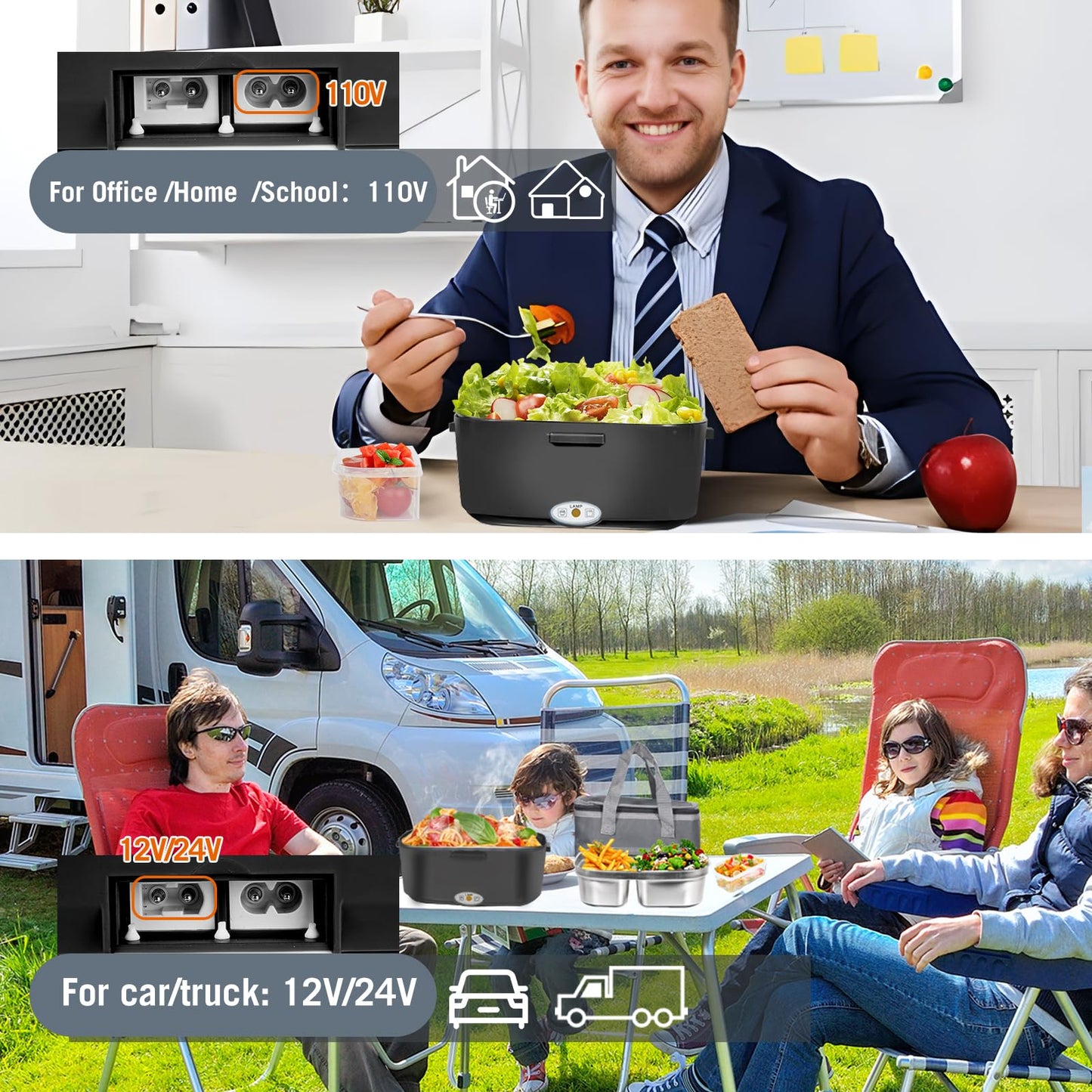 Electric Lunch Box Food Heater - 80W Fast Heating Lunch Box Dual 1.5L Removable SS Containers Portable Food Warmer for Car（12V/Truck（24V/ Office(110V)/ Work/Travel Use - Ideal for Men, Women, Adults