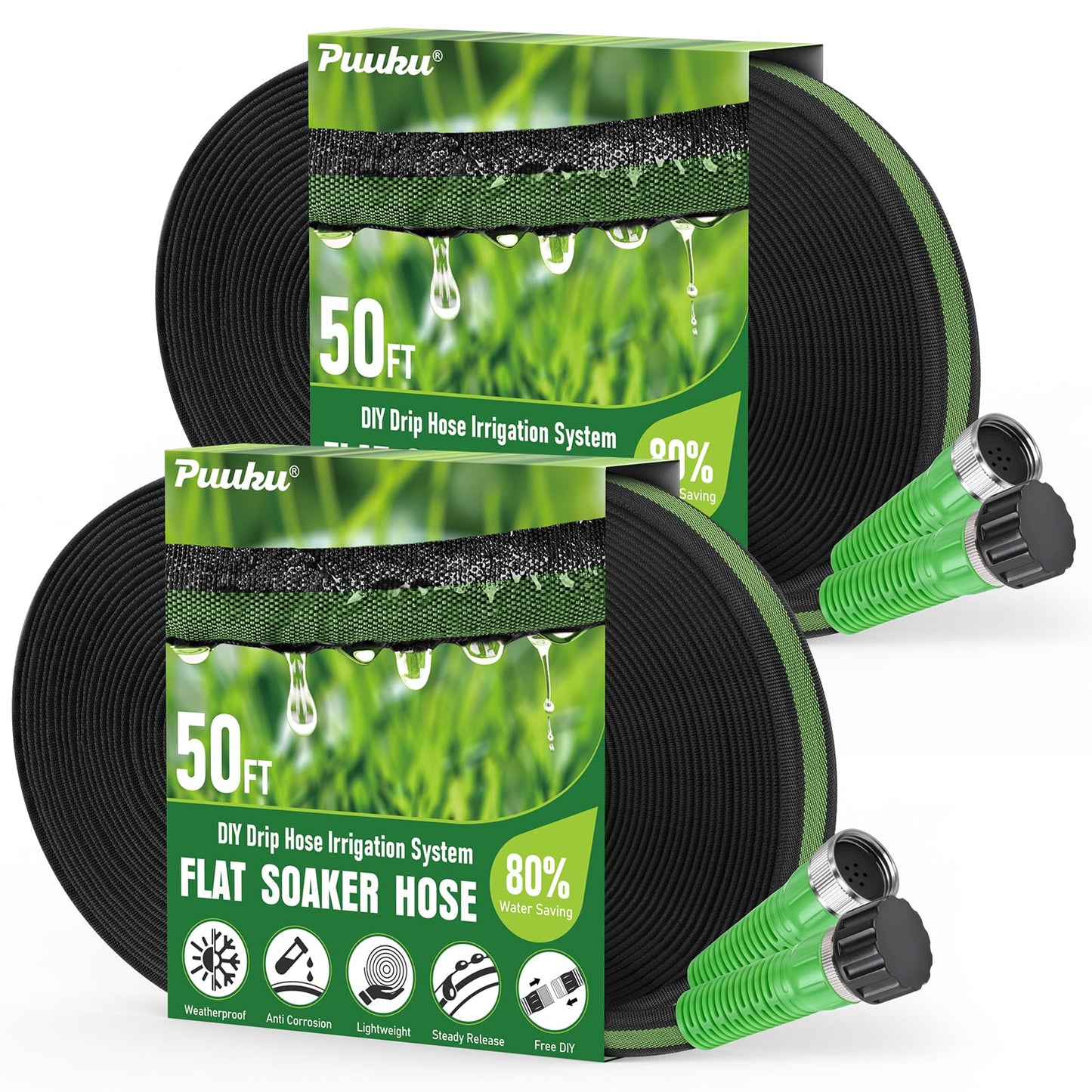 Flat Soaker Hose 100FT for Garden and Lawns, 80% Water-Saving Drip Irrigation Hose with Anodized Aluminum Ends, Flexible Leakproof Double Layer Gardening Hoses（50FT×2 Pack）