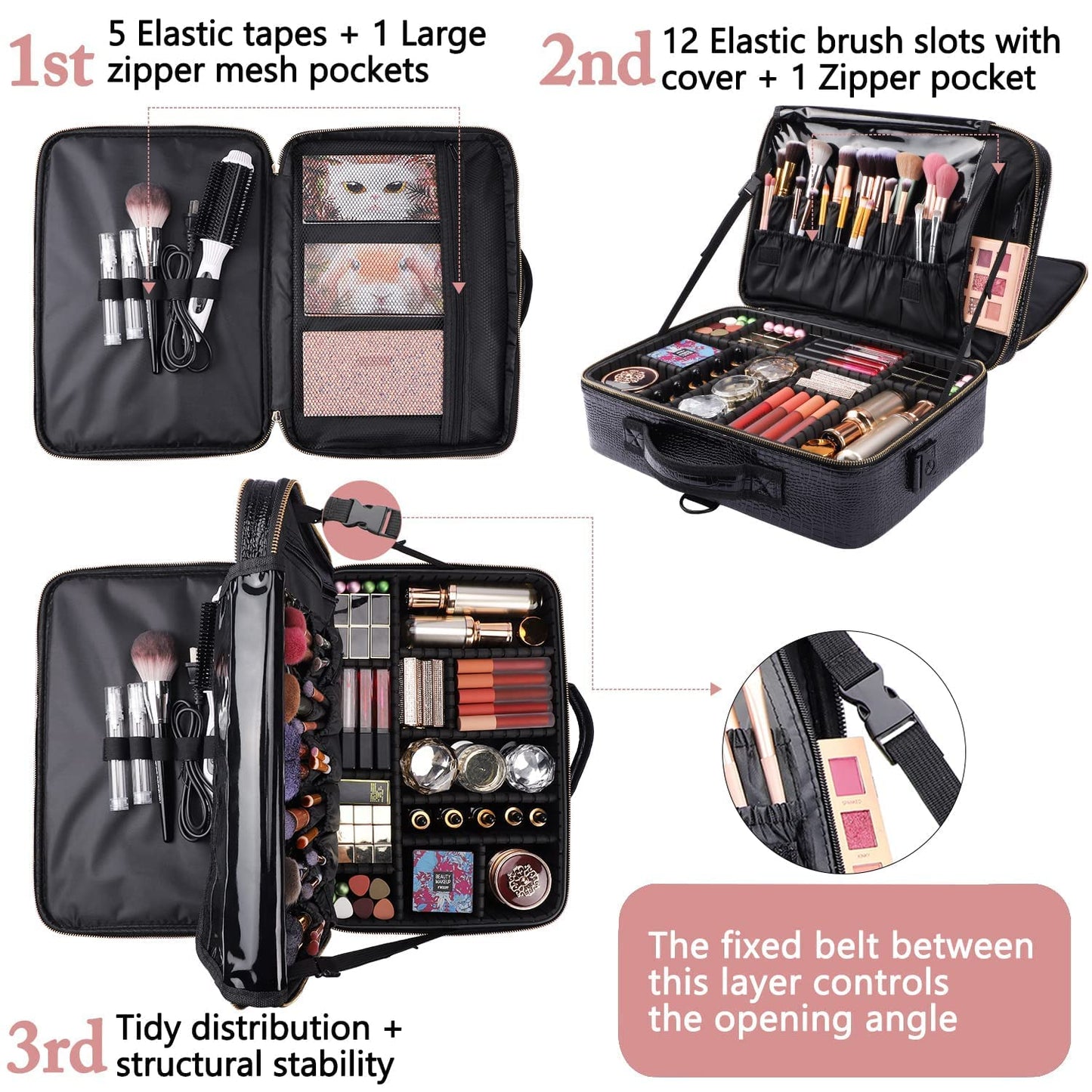 Oewoer Travel Makeup Case, 16 Inches Large PU Leather Professional Cosmetic Bag With Shoulder Strap and Adjustable Dividers (Crocodile Pattern)