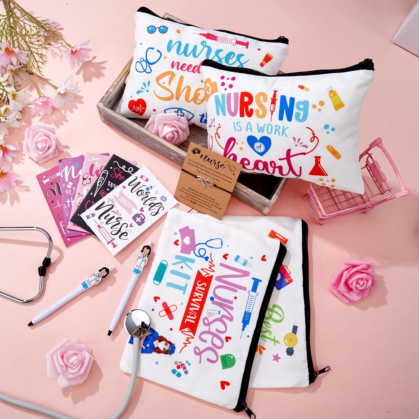 Sabary 48 Pcs Nurse Appreciation Gifts Set for Women 12 Makeup Cosmetic Bag 12 Notebooks 12 Doctor Nurse Ballpoint Pens 12 Bracelets for Rn CNA Nurses Week Nursing Students Graduation Gifts(Stylish)