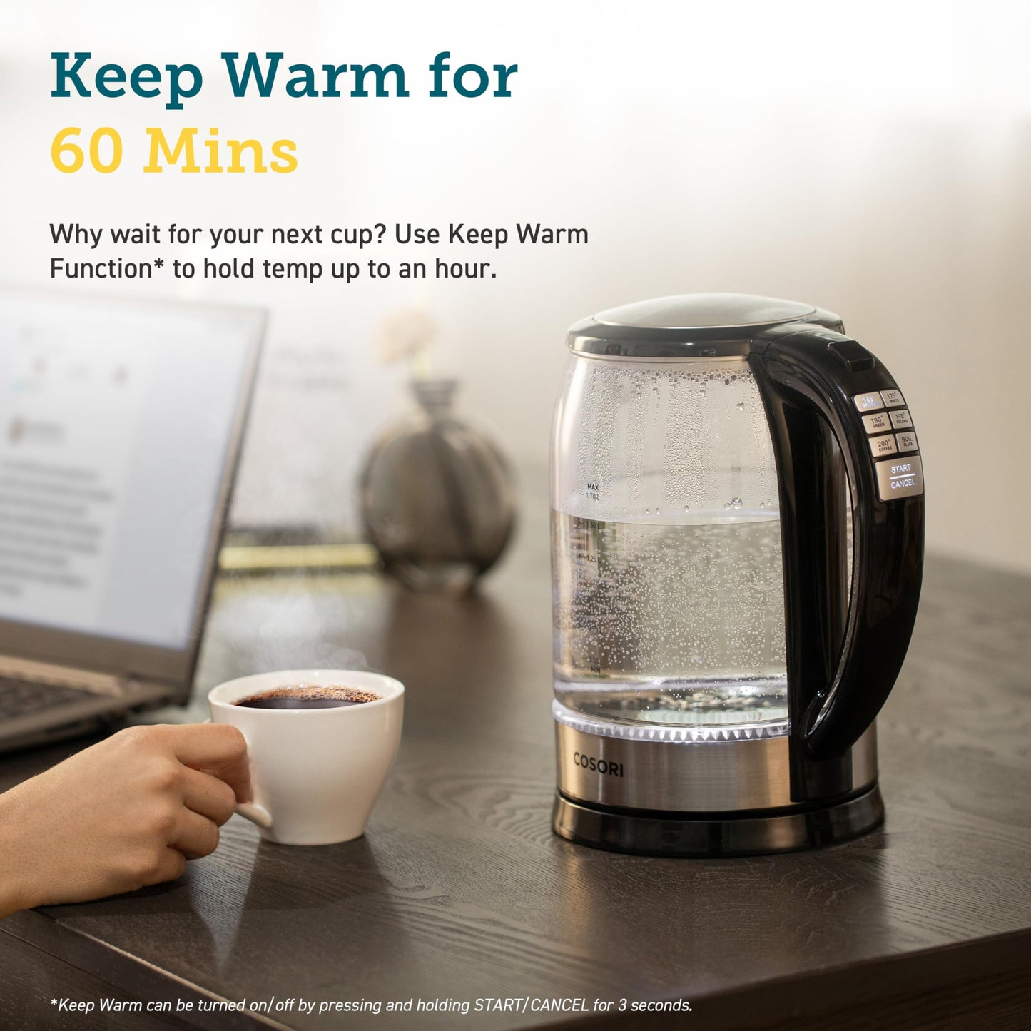Cosori Electric Kettle Temperature Control with 6 Presets, 60min Keep Warm 1.7L Electric Tea Kettle & Hot Water Boiler, 304 Stainless Steel Filter, Auto-Off & Boil-Dry Protection, BPA Free, Black
