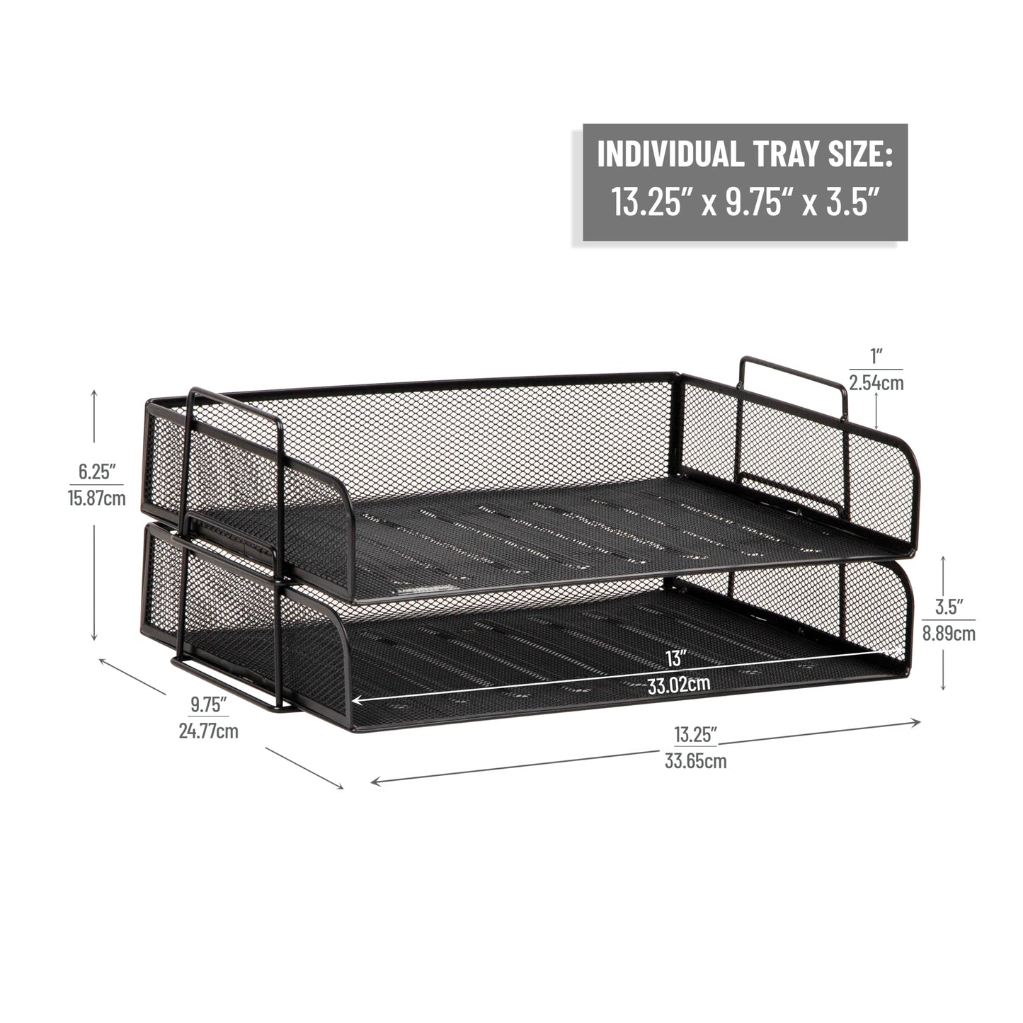 Mind Reader Stackable Paper Tray, Desktop Organizer, File Storage, Office, Metal Mesh, 13.25" L x 9.75" W x 6.25" H, 2 Pcs., Black