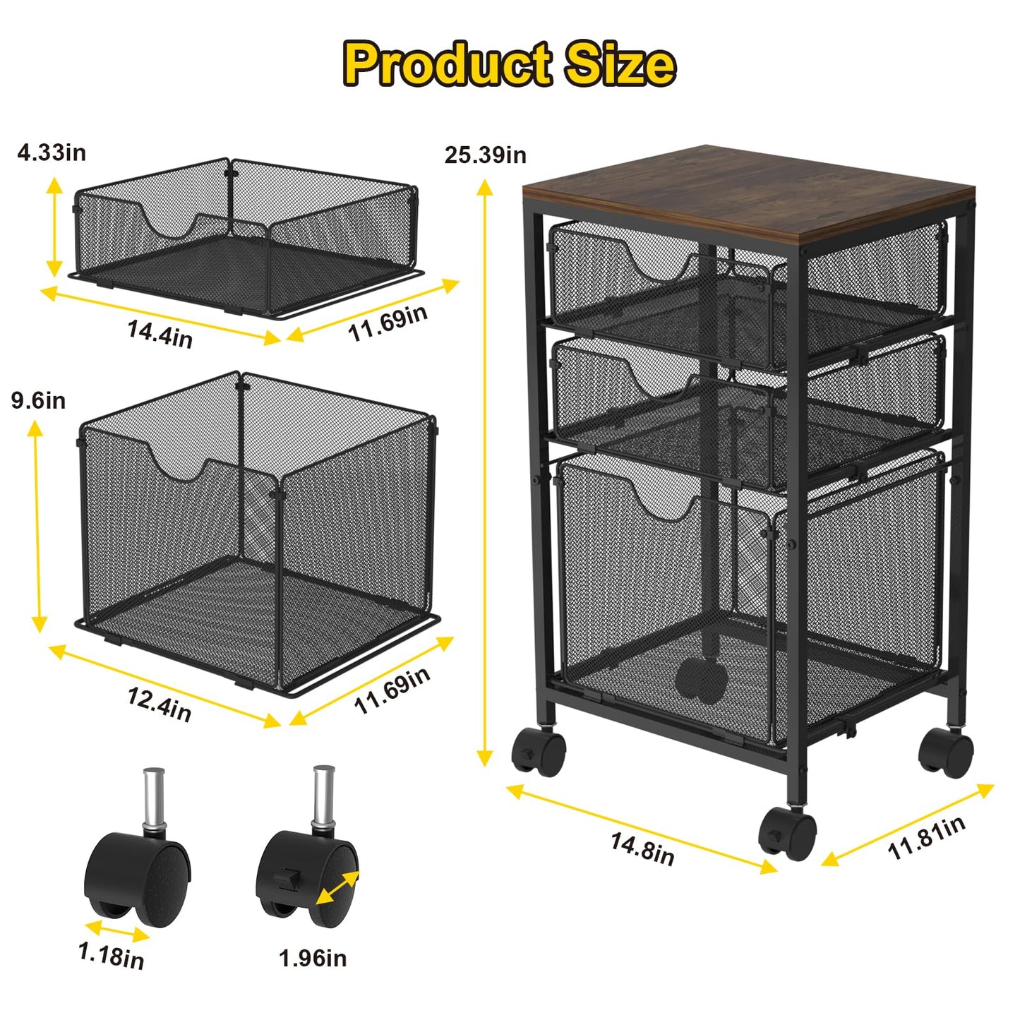 BOHDK Rolling File Cart with 3 Storage Drawers, Wood & Mesh Hanging File Folder Organizer with Wheels Under Desk, File Cabinets for Home Office, 11.81" D x 14.8" W x 25.39" H, Black