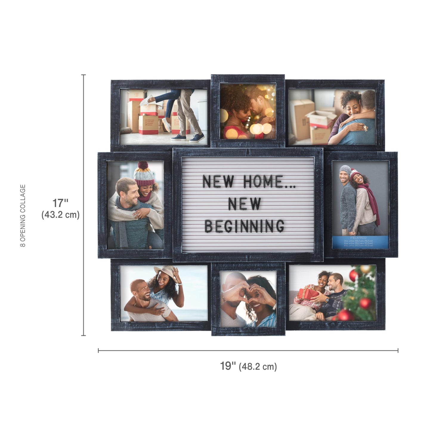 Melannco Customizable Letterboard 8-Opening Photo Collage, 19 x 17 inch,Distressed Black