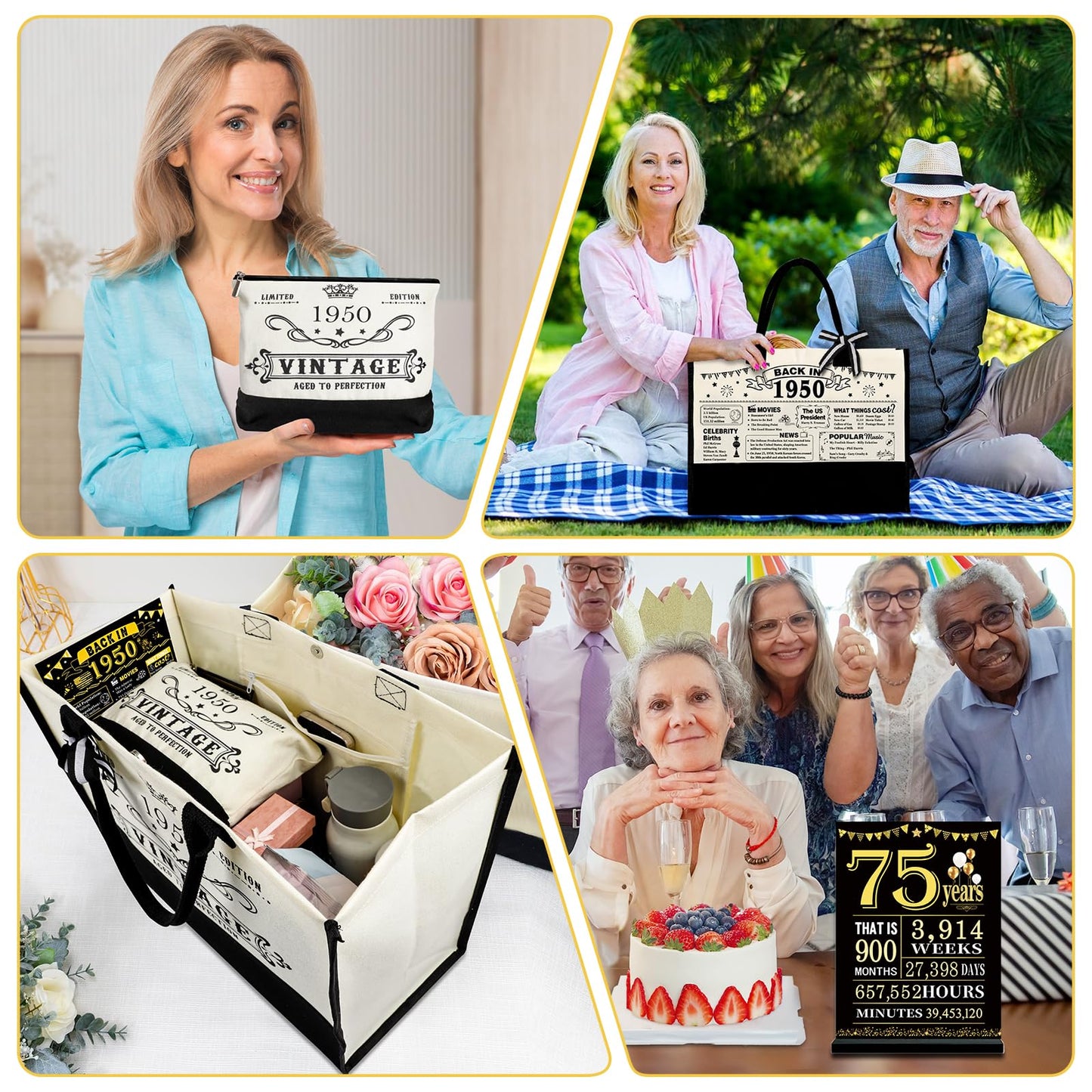 75th Birthday Gifts for Women Canvas Tote Bag Travel Gear, Unique 75 Years Old Birthday Gifts for Mom Wife Aunt Friends Her, Vintage 1950 Handbag & Cosmetic Bag & Back in 1950 Poster