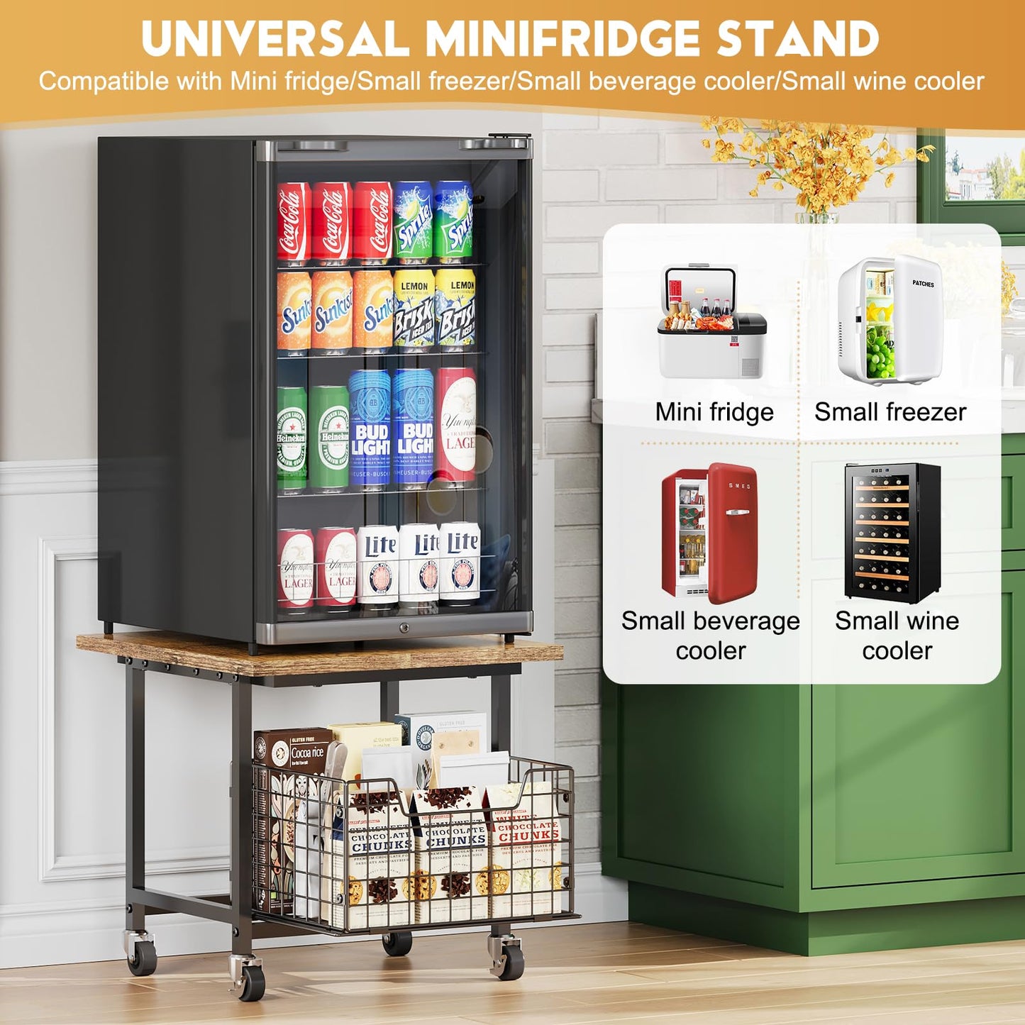 Mini Fridge Stand With Storage, Small Refrigerator Wheels, Cabinet-Max Load 300 Lbs Heavy Microwave Printer Cart For Dorm, Apartment, Kitchen, Office (Brown)