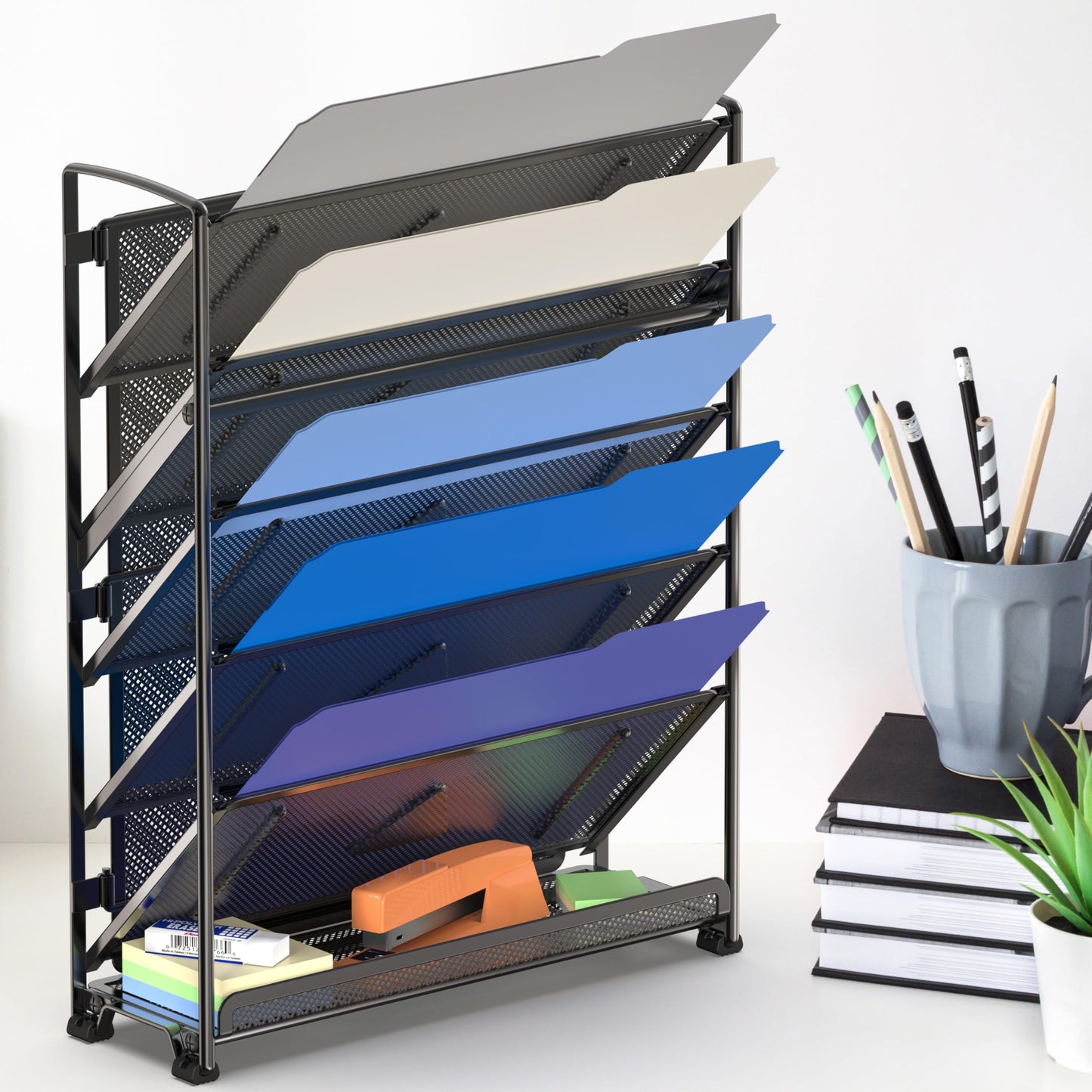 Simple Houseware 6-Tier Mesh Wall Mount File Organizer & Desktop Paper Holder - 5 Tilted Trays + 1 Flat Bottom Tray, Wall Mount Hardware Included, Black