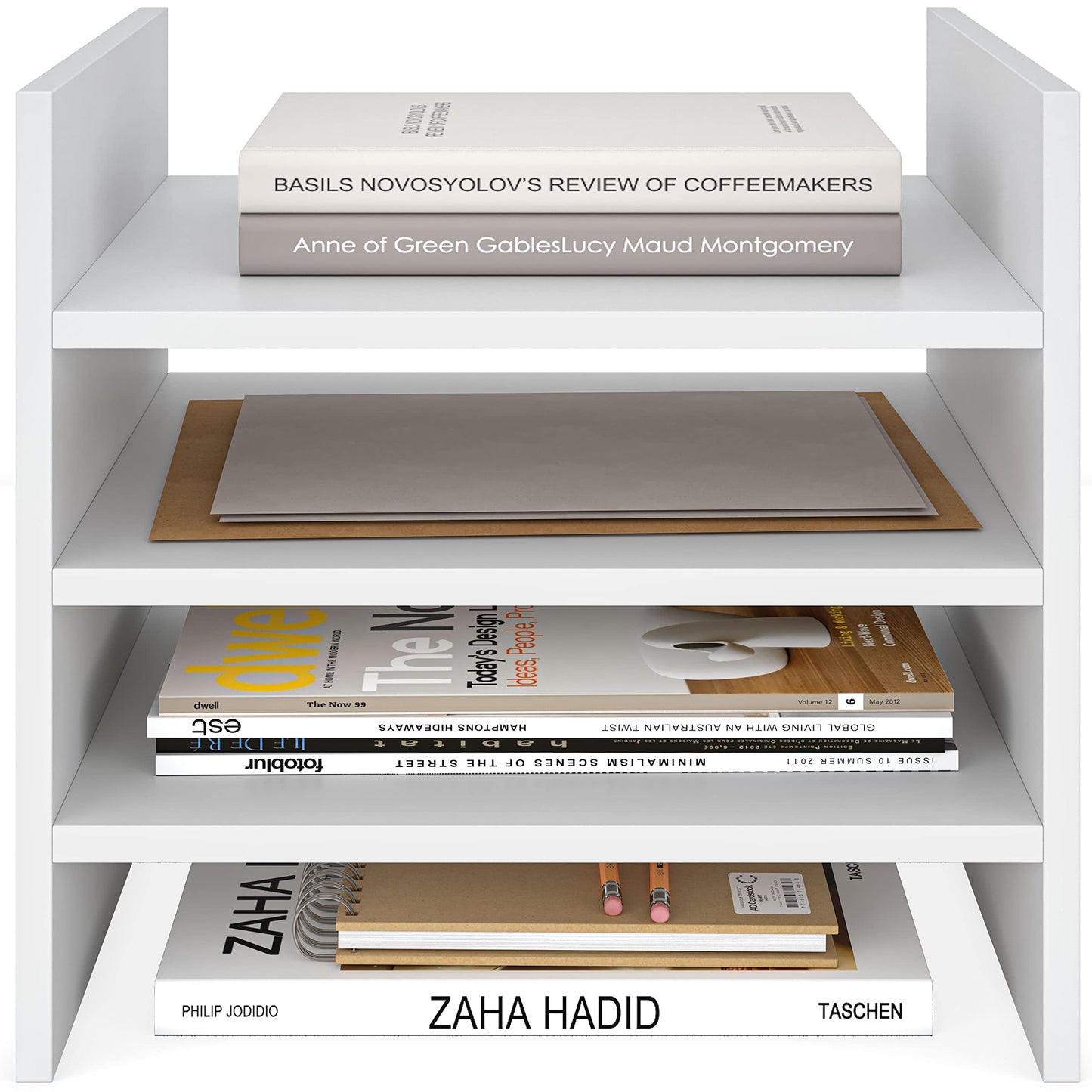 Ballucci 4-Tier Paper Sorter and File Organizer for Desk, Wood Mail Sorter, Fits into IKEA Kalax and ClosetMaid Cube Storage Shelves, Paper Tray, Mail Holder Stand for Classroom, Office, White