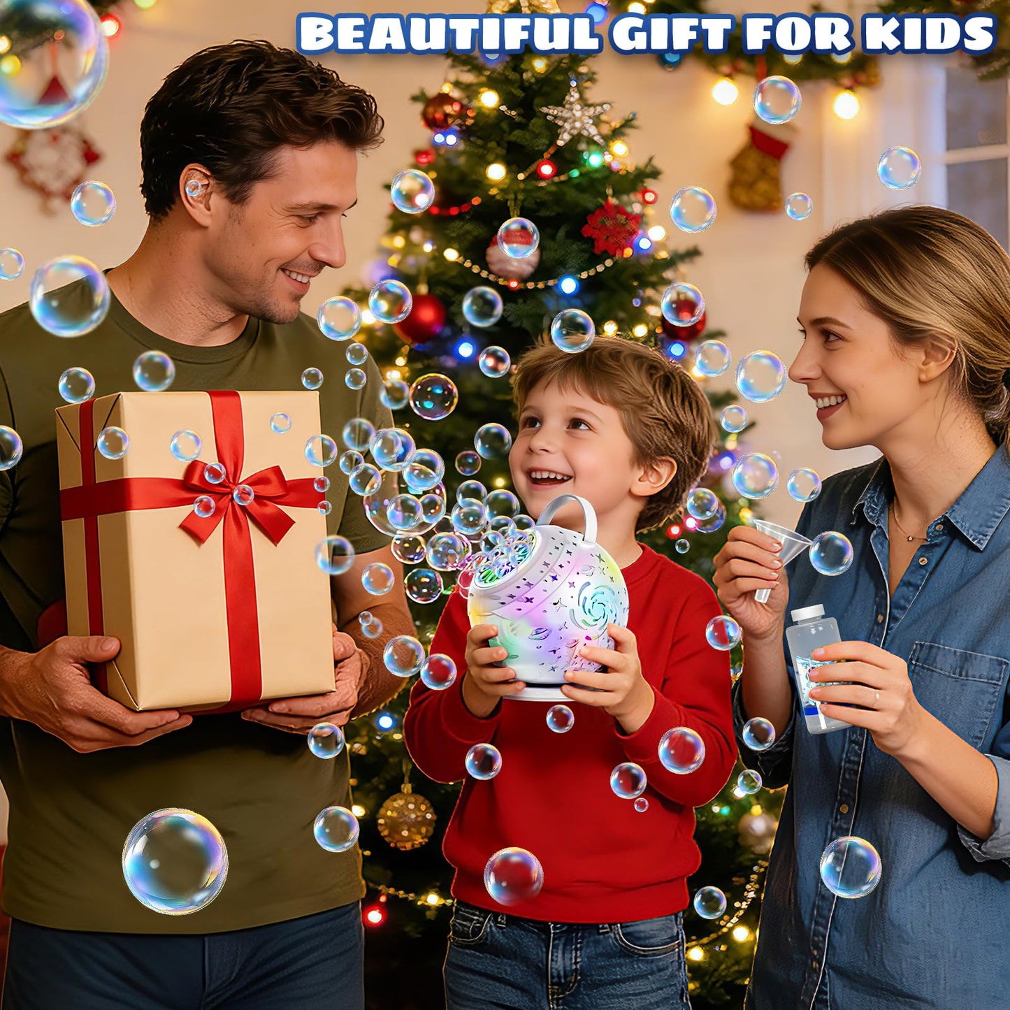 Rechargeable Bubble Machine - Auto 90°/360° Rotation, Remote Control and 7 Colors RGB LED Light, Bubbles Maker Toys for Kids, Bubbles for Wedding Parties, Boys Girls Easter Birthday and Xmas Gift