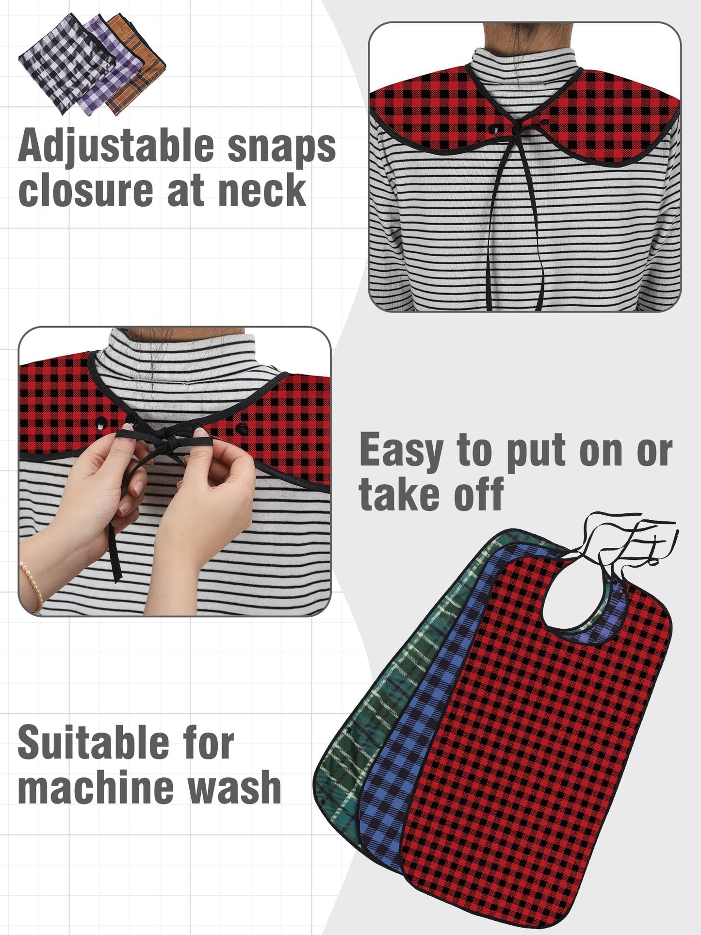 10 Pcs Adult Bib for Eating Washable Waterproof Clothing Protector with Crumb Catcher Reusable Large Bibs for Men Elderly Women Senior, Assorted Plaid Patterns