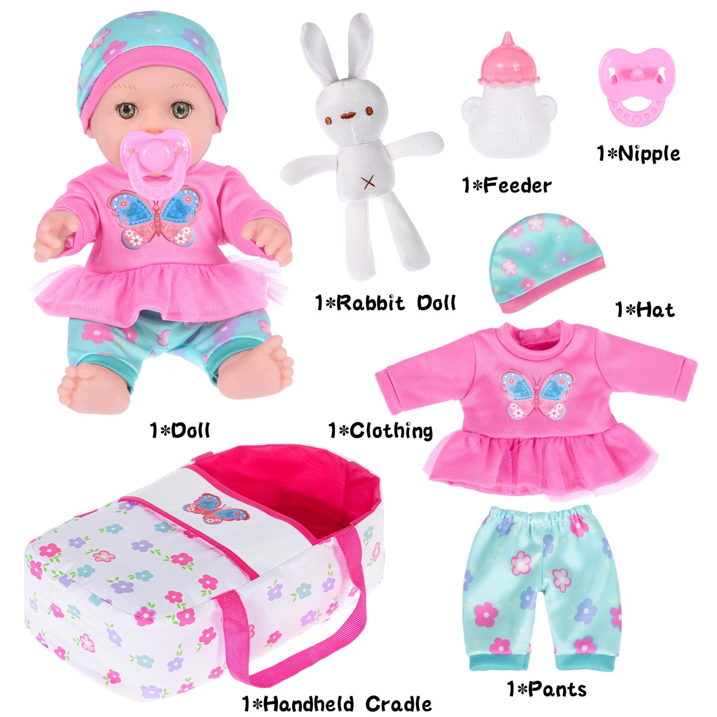 Ebuddy 12 inch Baby Doll and Accessories-Reborn Dolls Real Life Baby Dolls with 1 Sets Clothes,Carry Basket,Bunny Plush Toy,Pacifier, Bottle