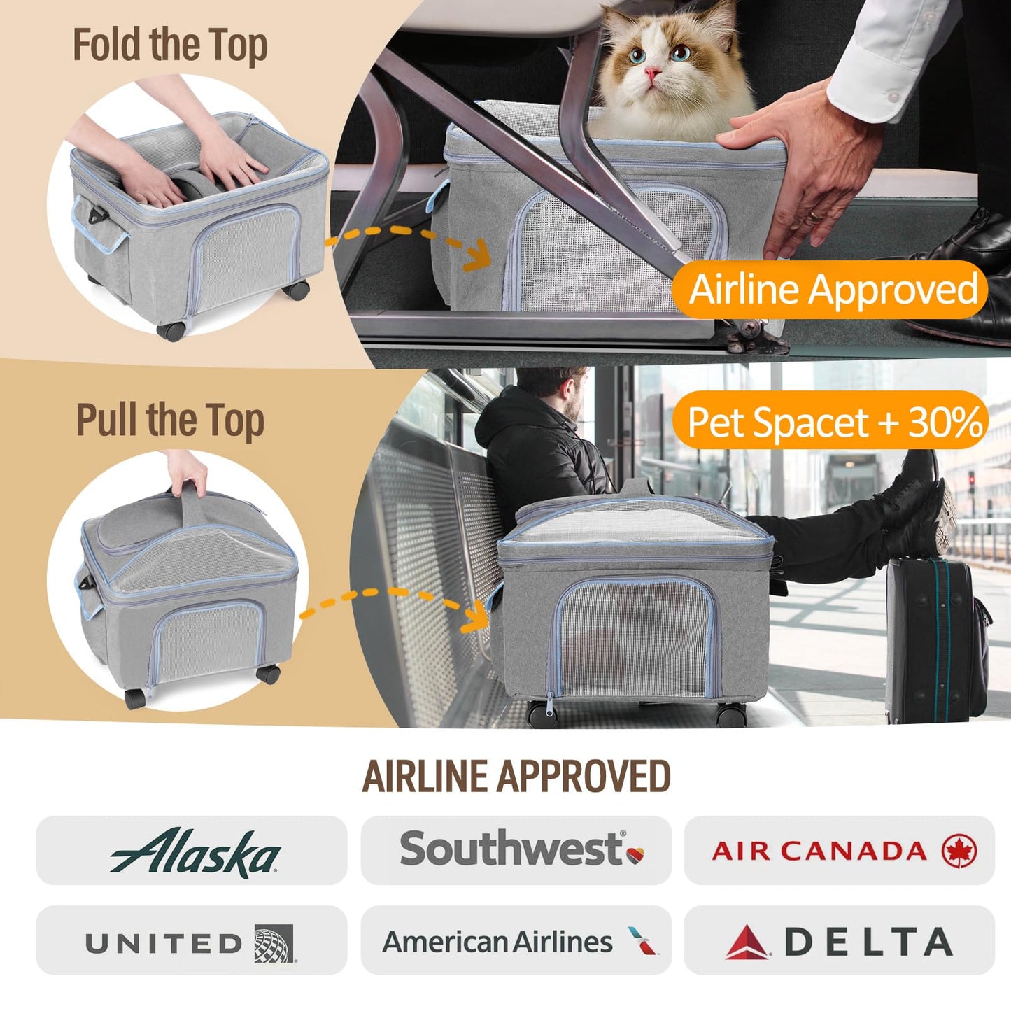 NOVOLAB Pet Carrier for Small Dog Cat, Cat Dog Carrier with Wheels Soft Sided Dog Rolling Crate Cat Travel Bag up to 15 Lbs Pet Strollers for Small Pets