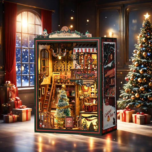 cjc Christmas Book Nook Kit for Adult - DIY Miniature Dollhouse Book Nook with Music Tiny House, 3D Wooden Puzzle Bookshelf Decor for Adults, Creative for Family Friends‌