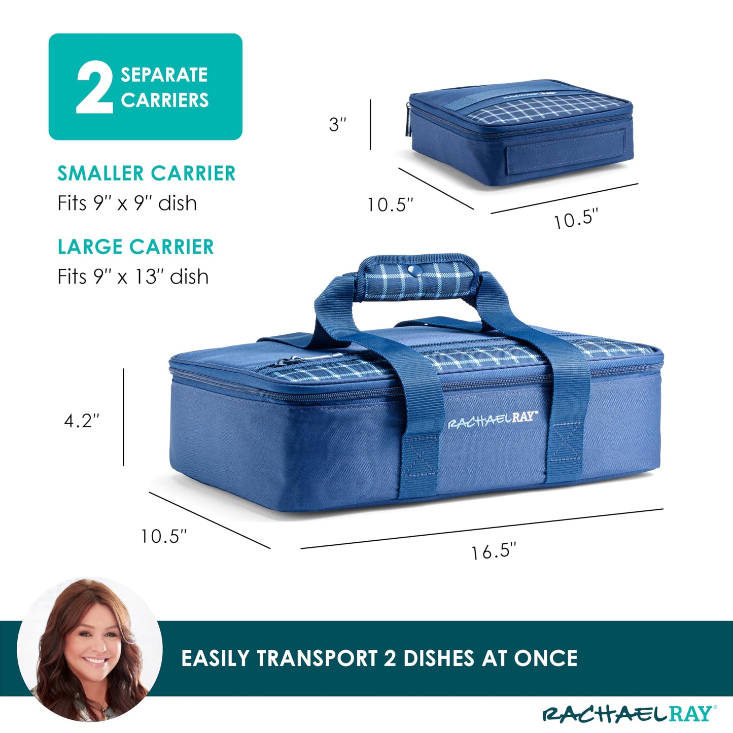 Rachael Ray Lugger Duo, Insulated Casserole Carrier for Hot or Cold Food, Thermal Lasanga Lugger Tote for Pockluck, Parties, Picnic, and Cookouts, Fits 9" x 13" Baking Dish, Navy Gingham