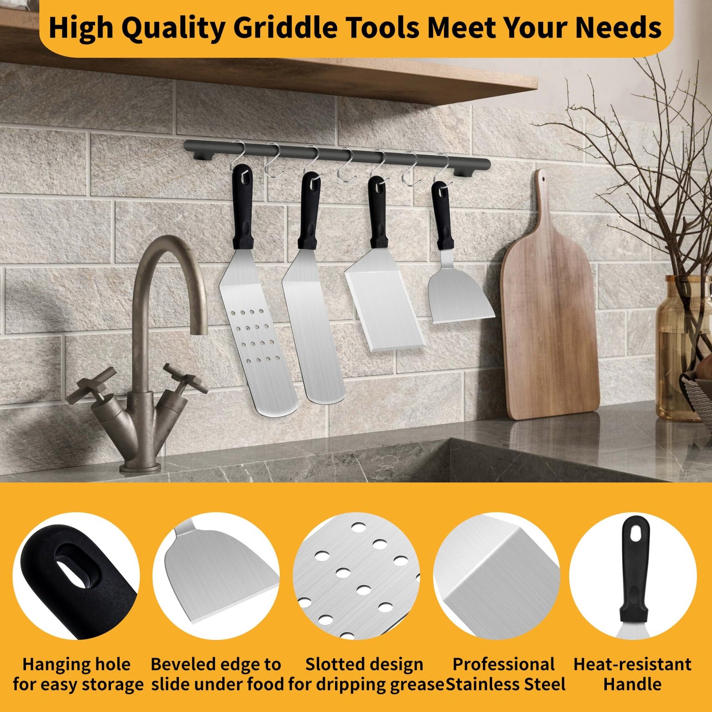 Onlyflame 29PCS Professional BBQ Griddle Tool Kit for Flat Top Grill Blackstone and Camp Chef - Stainless Steel Griddle Spatulas Accessories Kit with Burger Press, Carry Bag and More Tools