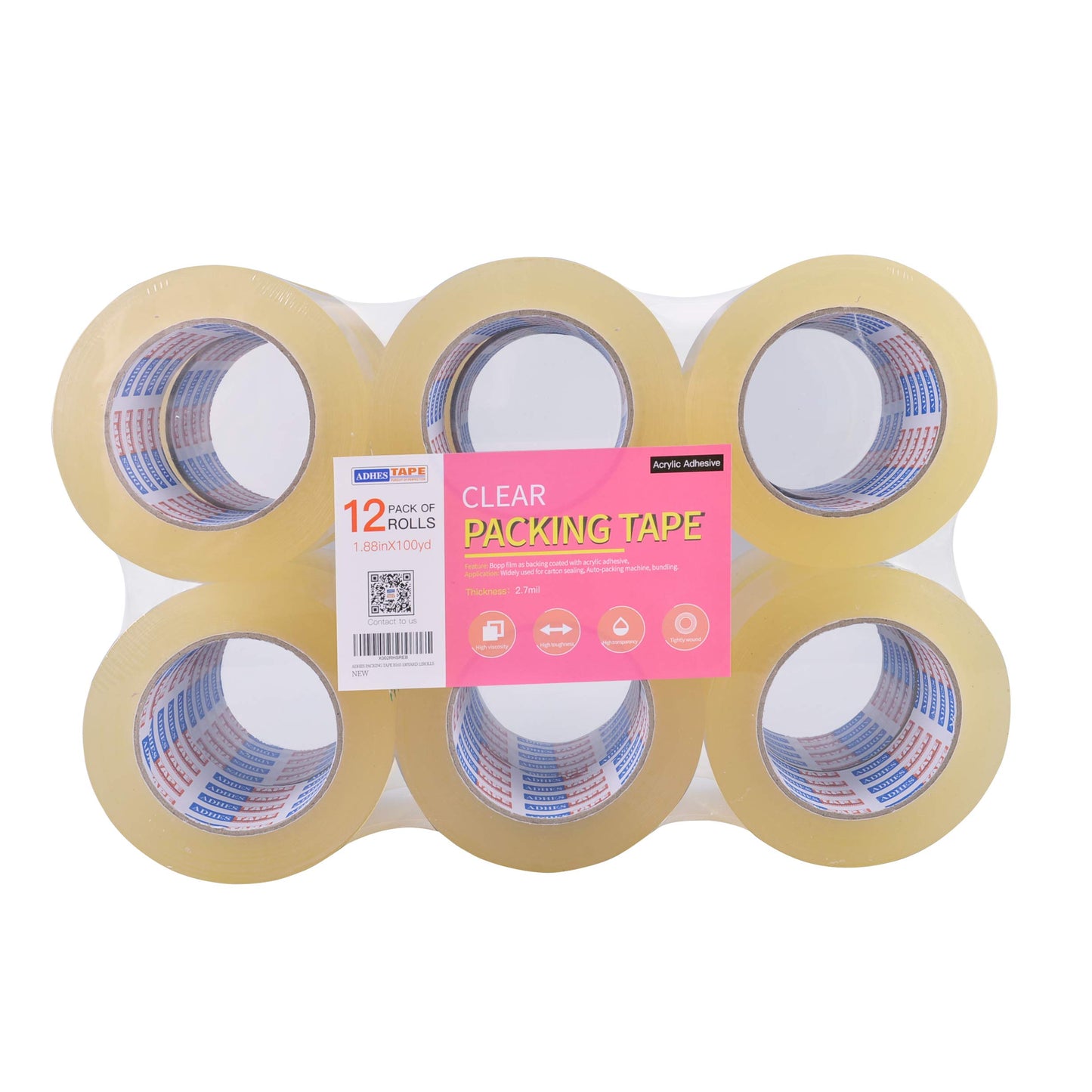 ADHES Packing Tape Packaging Tape Shipping Tape for Moving Boxes,1.88 Inch x 100 Yards x 2.7 Mil, 12 Rolls