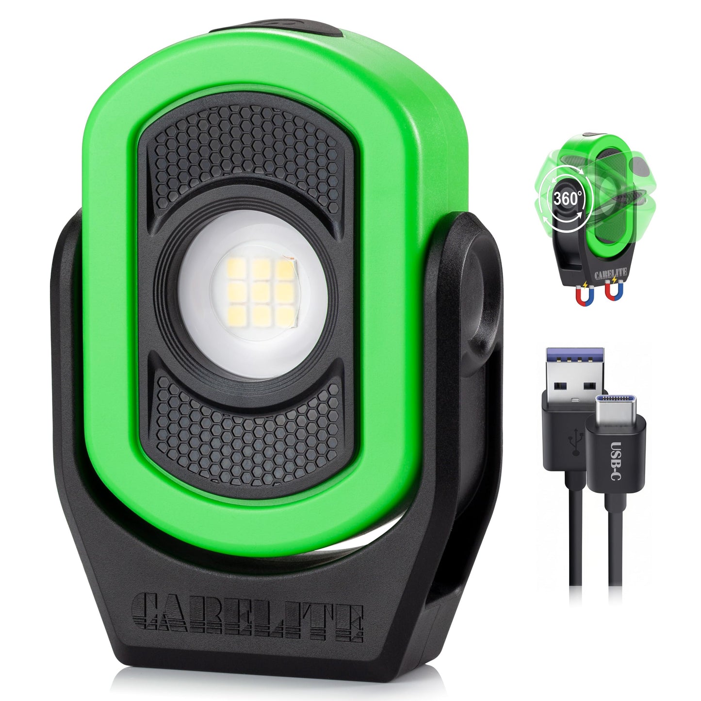 CARELITE Magnetic Work Light – 780 Lumen Compact Pocket Light, Rechargeable 3000mAh, 360° Pivot, Durable & Portable for Mechanics & Jobsites (Green, 1 Pack)