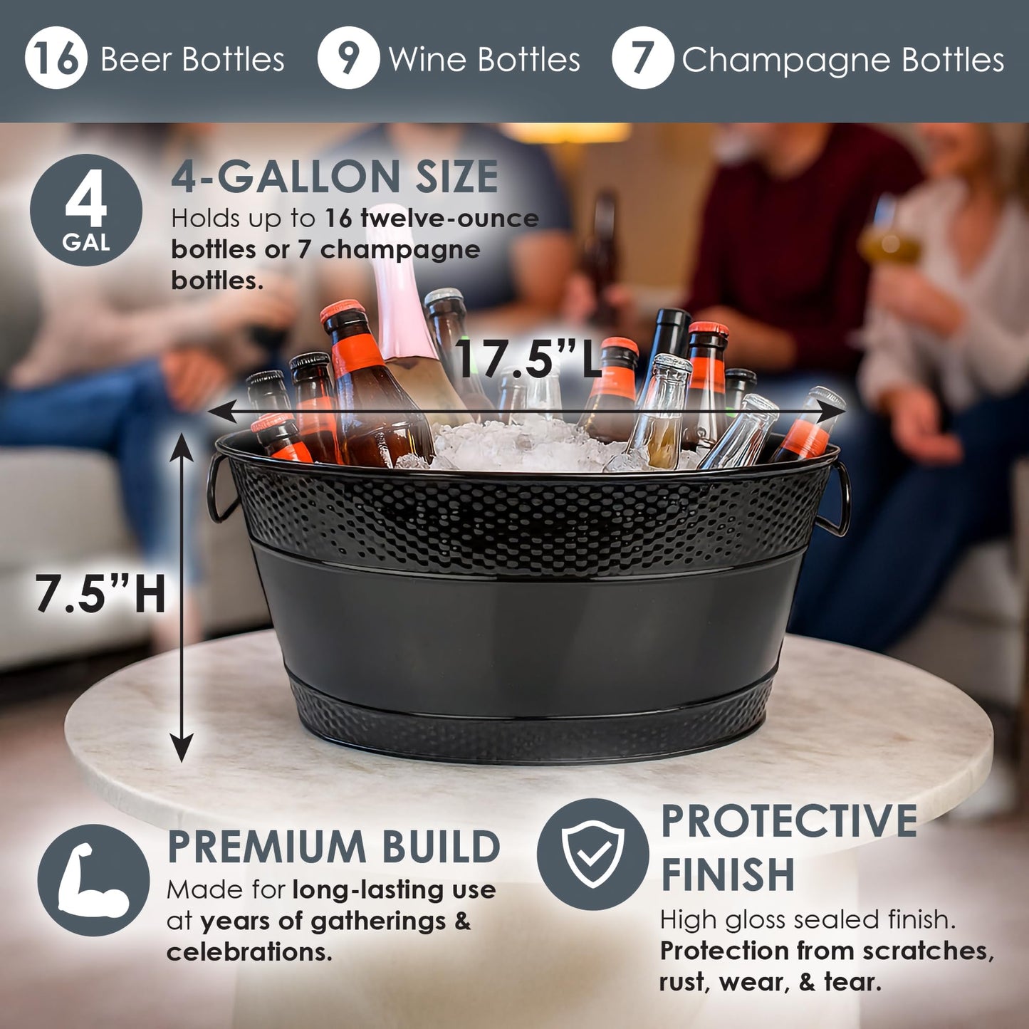 BREKX Colt Black Galvanized Beverage Tub with Handles, 16-Bottle Metal Bucket Ice Cooler to Chill Drinks, Oval Metal Basket for Drinks or Storage Bin - 15 Quarts (4 Gallon)