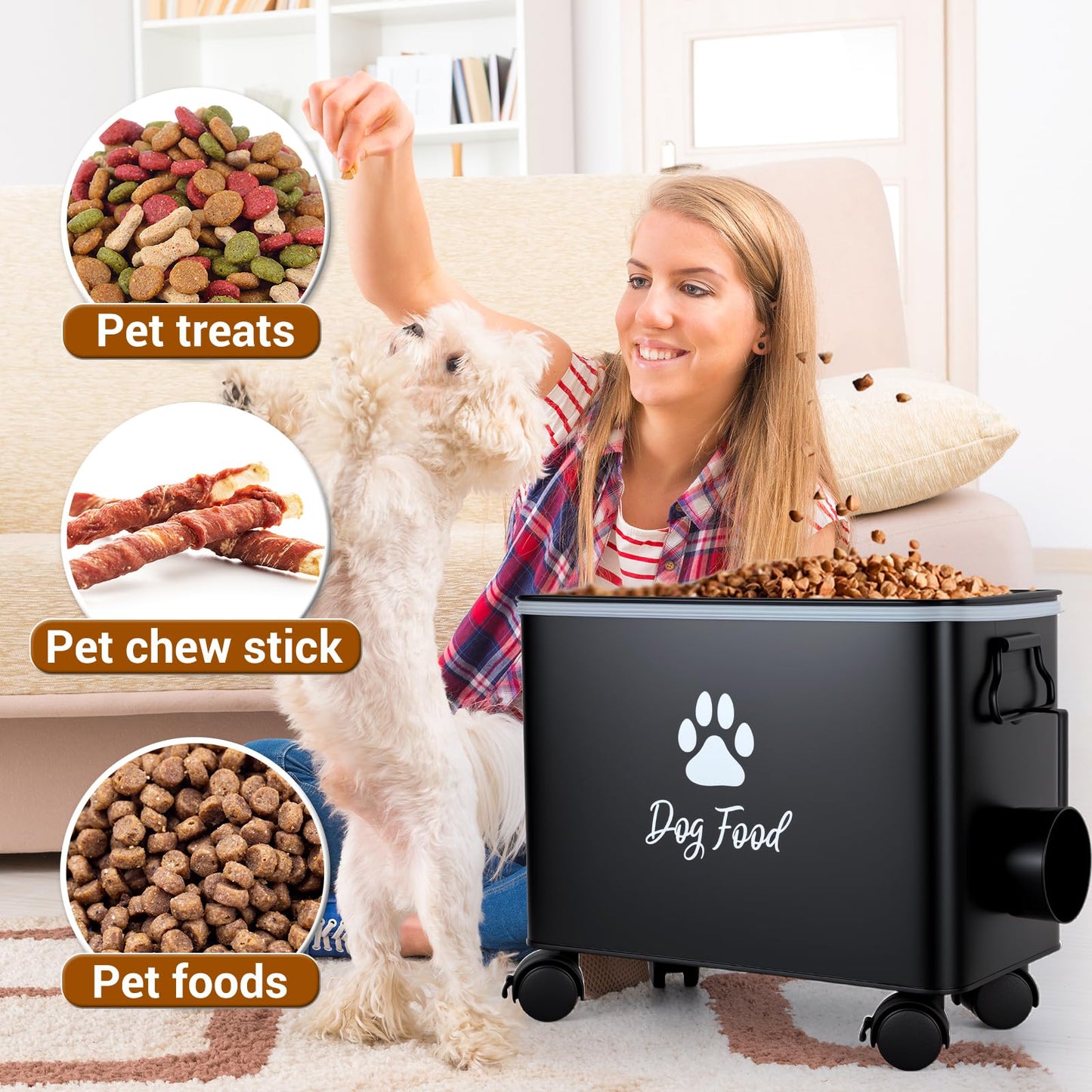 Himake Dog Food Container 13lb, Cute Airtight Pet Food Storage Containers with Metal Lid Scoop, Black Metal Storage Bin for Dog/Cat with Wheels,Easy to Move