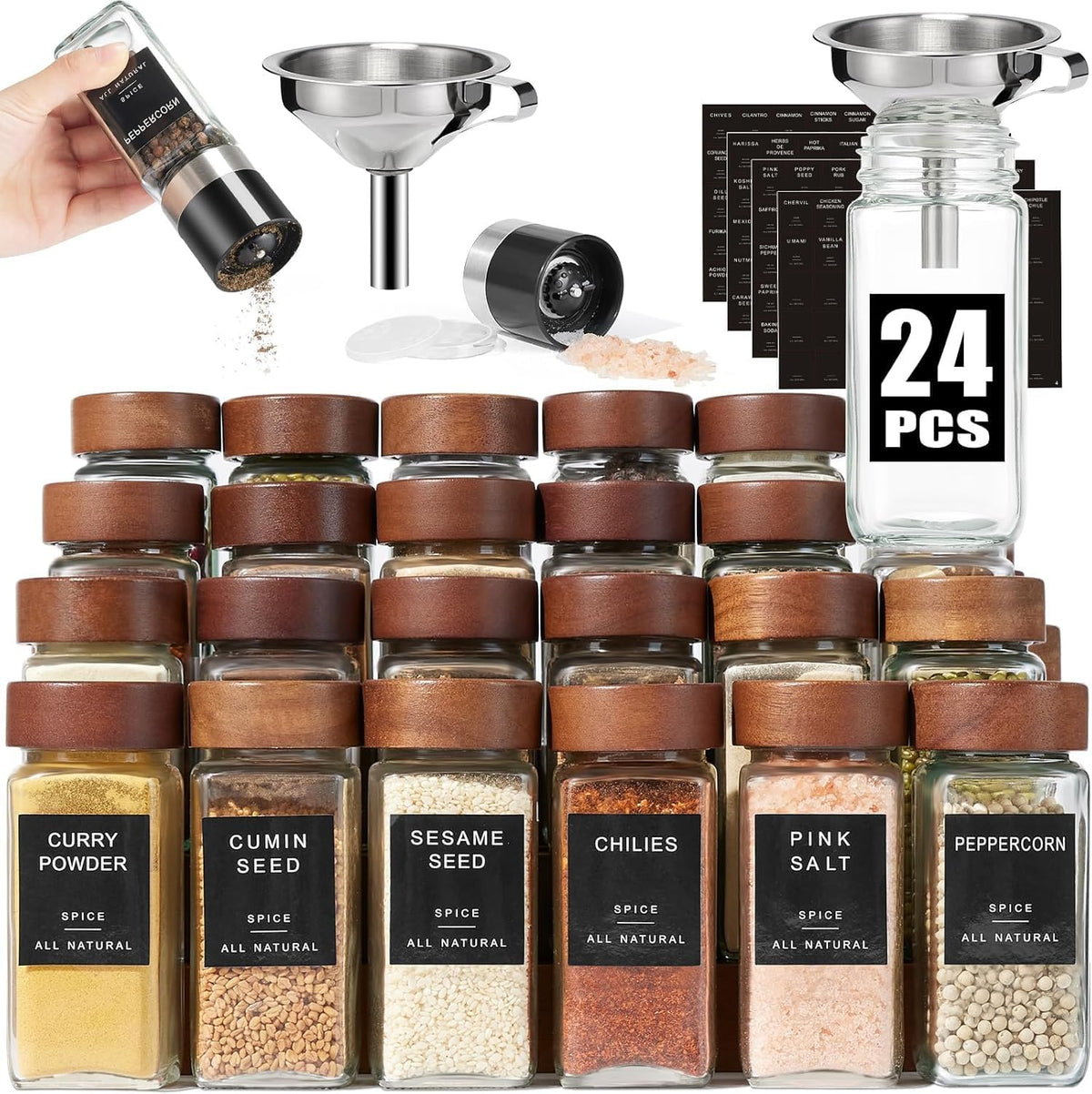 Yangbaga Glass Spice Containers for Kitchen: 24p 4oz Durable Glass Dishwasher Safe Jars for Cooking Enthusiasts- Airtight Acacia lid 500X Open-Close no Loose - Gift/Daily Use for Housewives